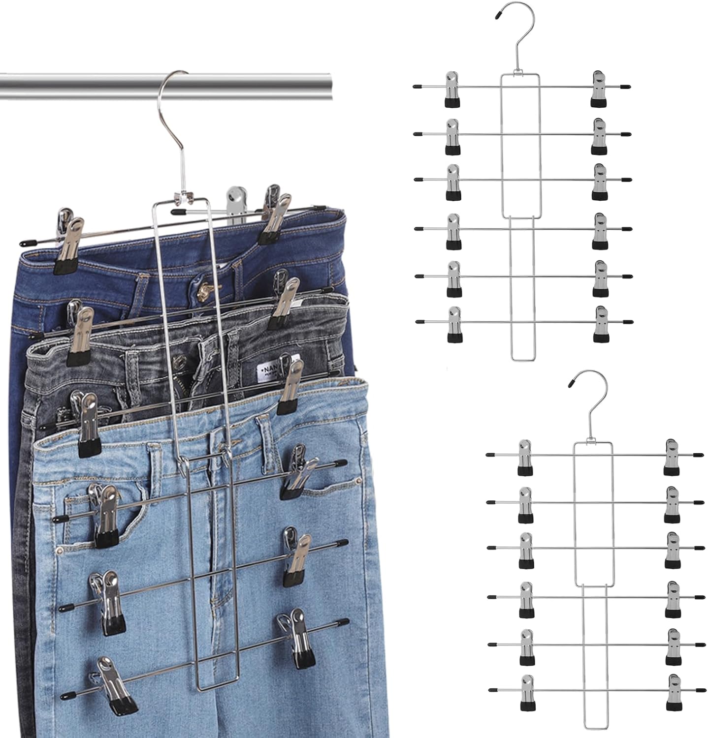 Paquete de 2 perchas para faldas, rotación de 360, 6 niveles, organizador de armario, perchas para ahorrar espacio con clips para pantalones,