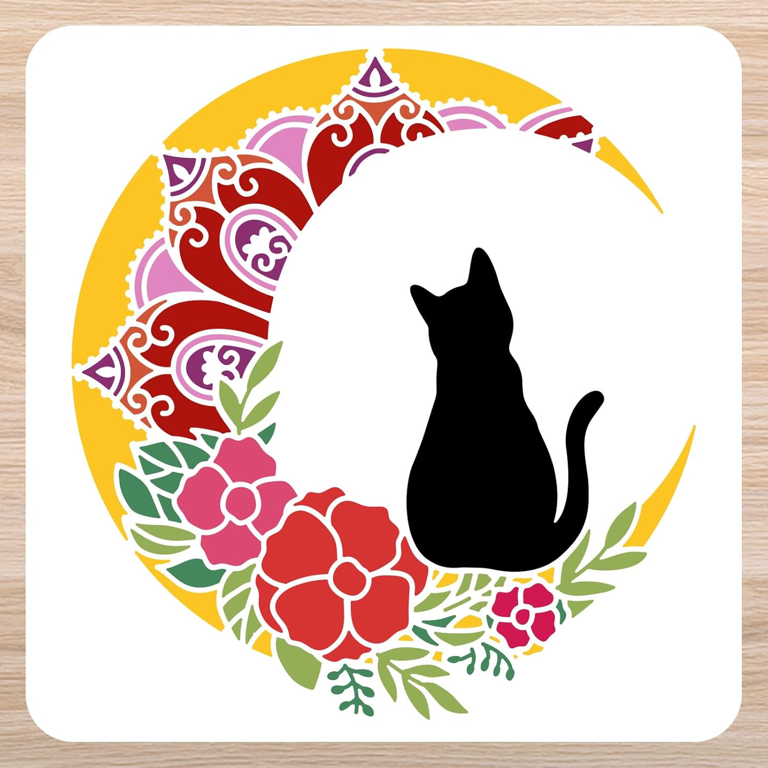 BEUNITONE Plantilla de pared de gato de luna, plantilla de mandala floral, gato negro, plantilla de azulejos de animales, plantillas de dibujo de