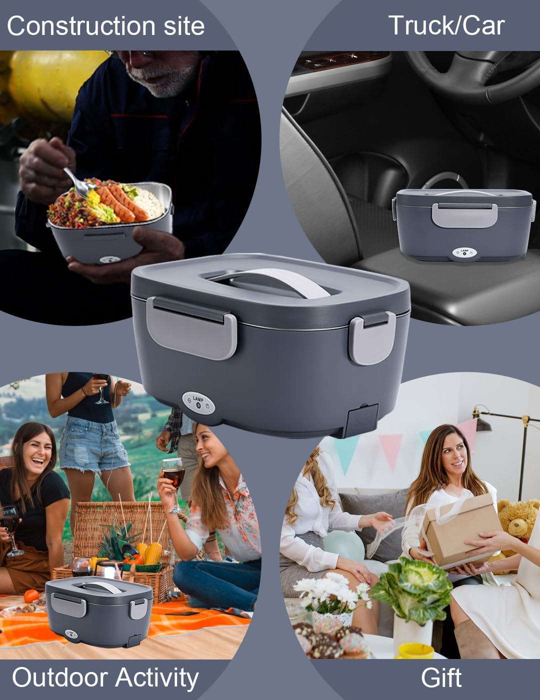 CHARMDOO Lonchera eléctrica de 80 W, calentador de almuerzo portátil para adultos, automóvil, camión, oficina, 1224110 V, lonchera de calentamiento