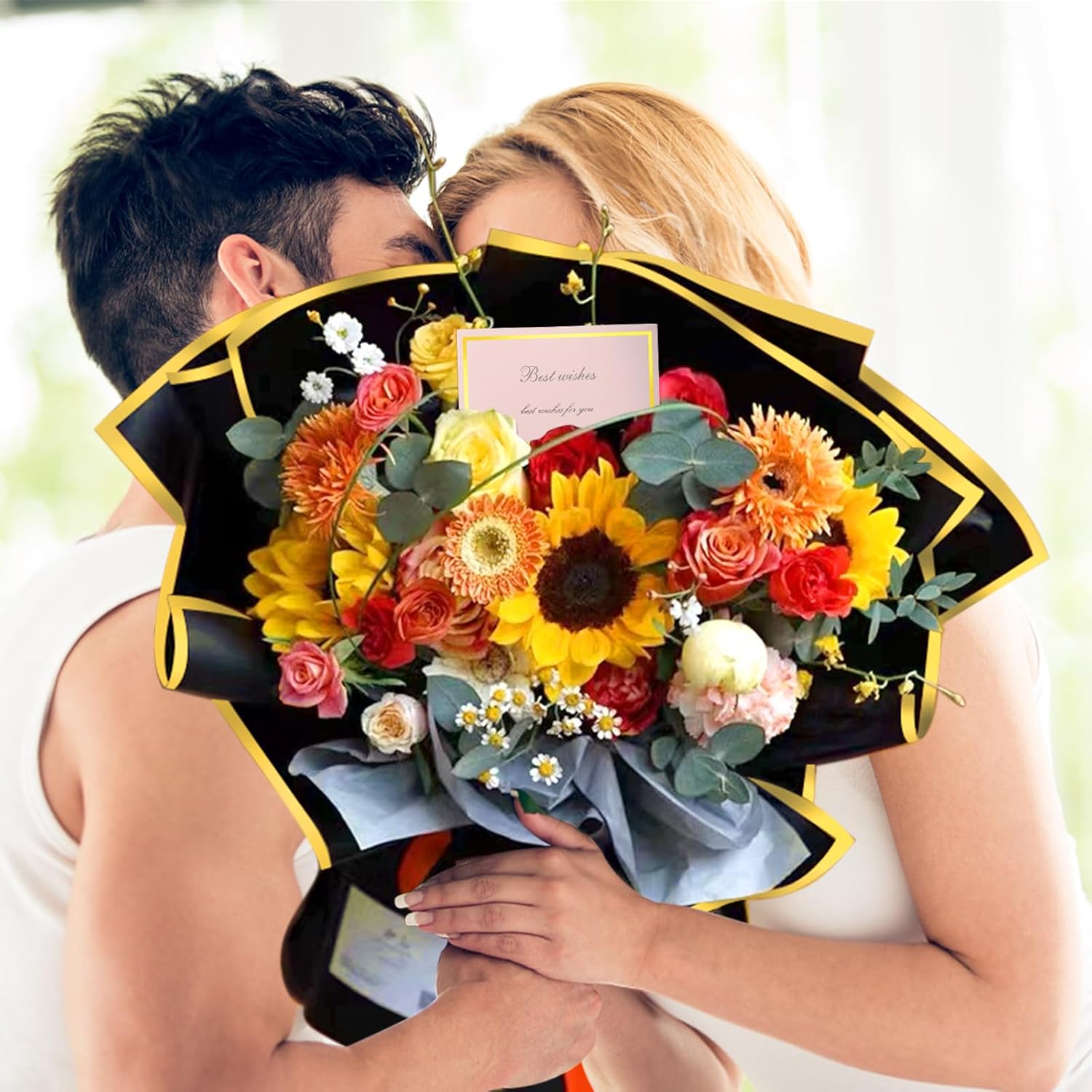 50 piezas de papel de regalo de flores verdes con borde dorado, papel de regalo coreano impermeable con 1 rollo de cinta y tarjetas de regalo, papel