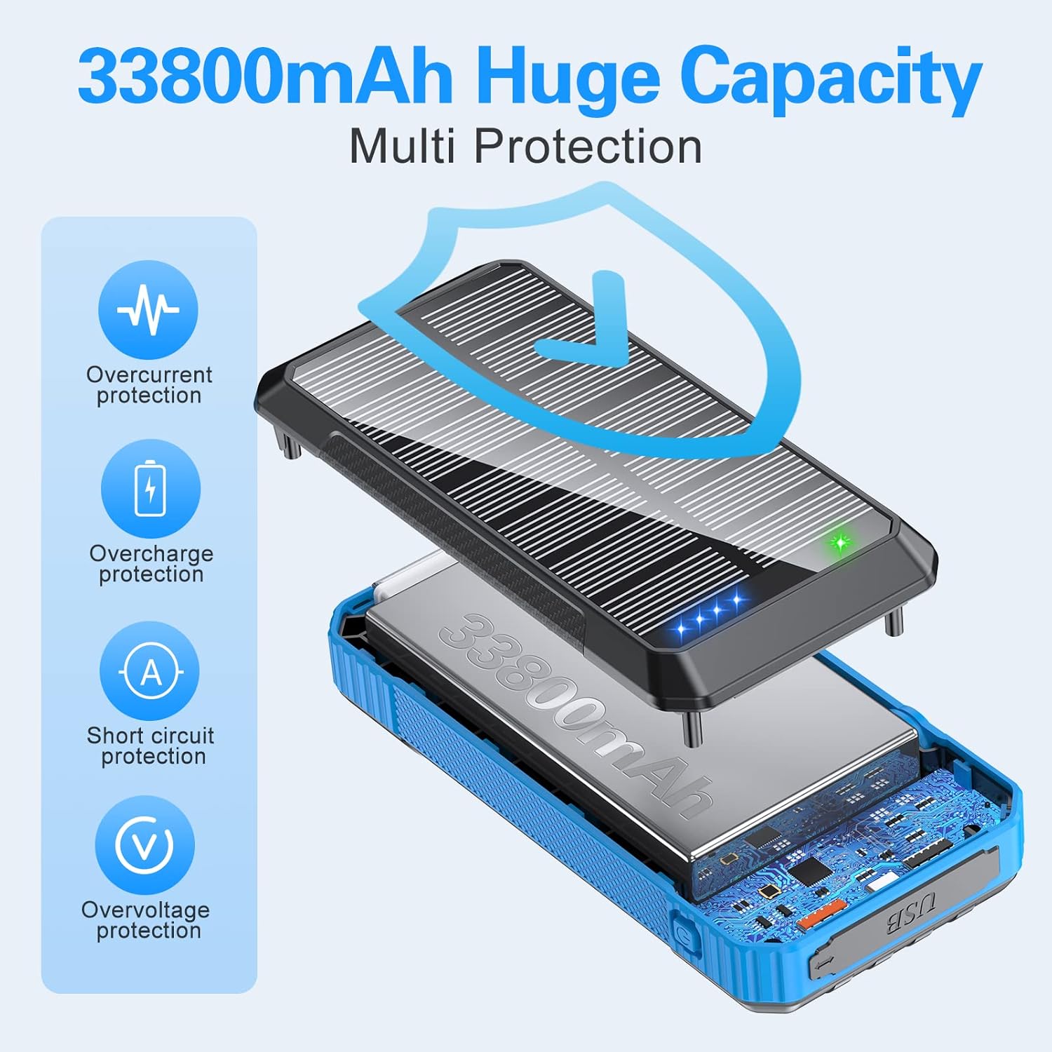 Banco de energía solar cargador inalámbrico 33800mAh integrado 4 cables y luces LED de campamento 22.5 W carga rápida banco de energía 7 salidas 4