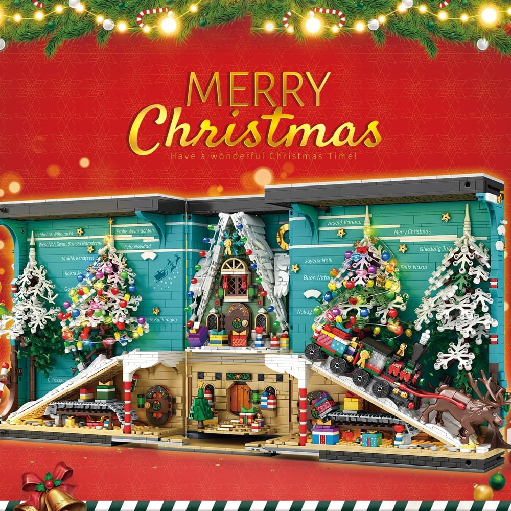 MISINI Bloques de construcción de tren de Navidad 3D 66033 2023, 3260 piezas, sujetalibros de árbol de Navidad, alce, libro de bloques con luz LED,