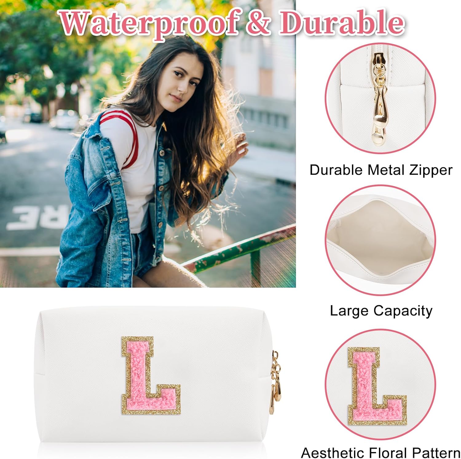 Bolsa de maquillaje personalizada con parche de letra inicial, bolsa de cosméticos con cremallera, Letra blancarosa