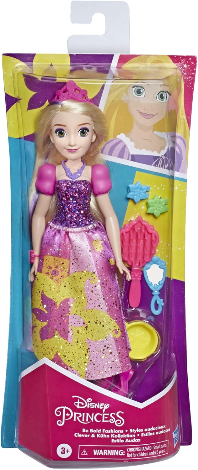 Disney Princess Be, Bright Be Bold Rapunzel – Muñeca de moda, colores brillantes y llamativo diseño gráfico de vestido, con cepillo y accesorios