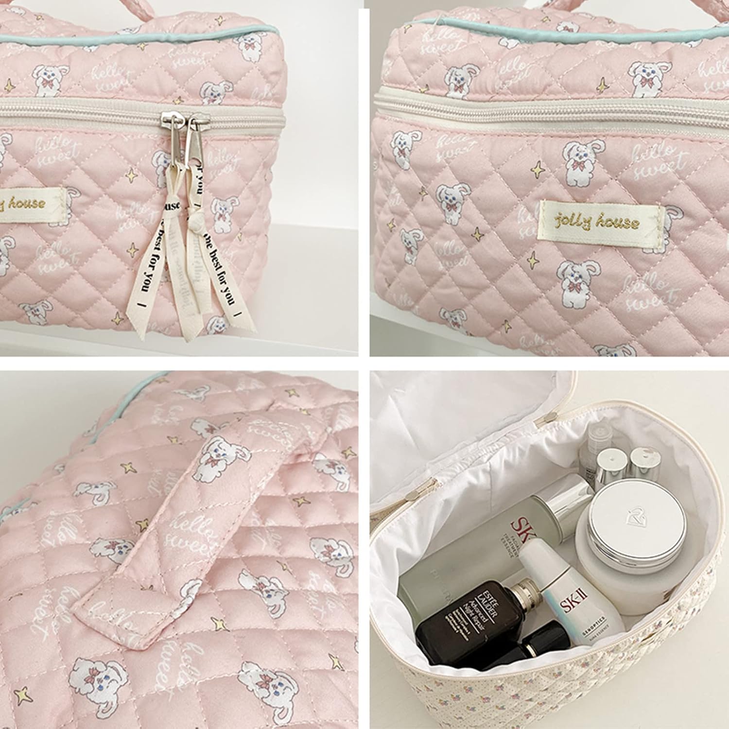 Bolsa de maquillaje floral Kawaii Coquette Bolsa de cosméticos grande organizador de maquillaje de viaje lindo bolsa acolchada de algodón para