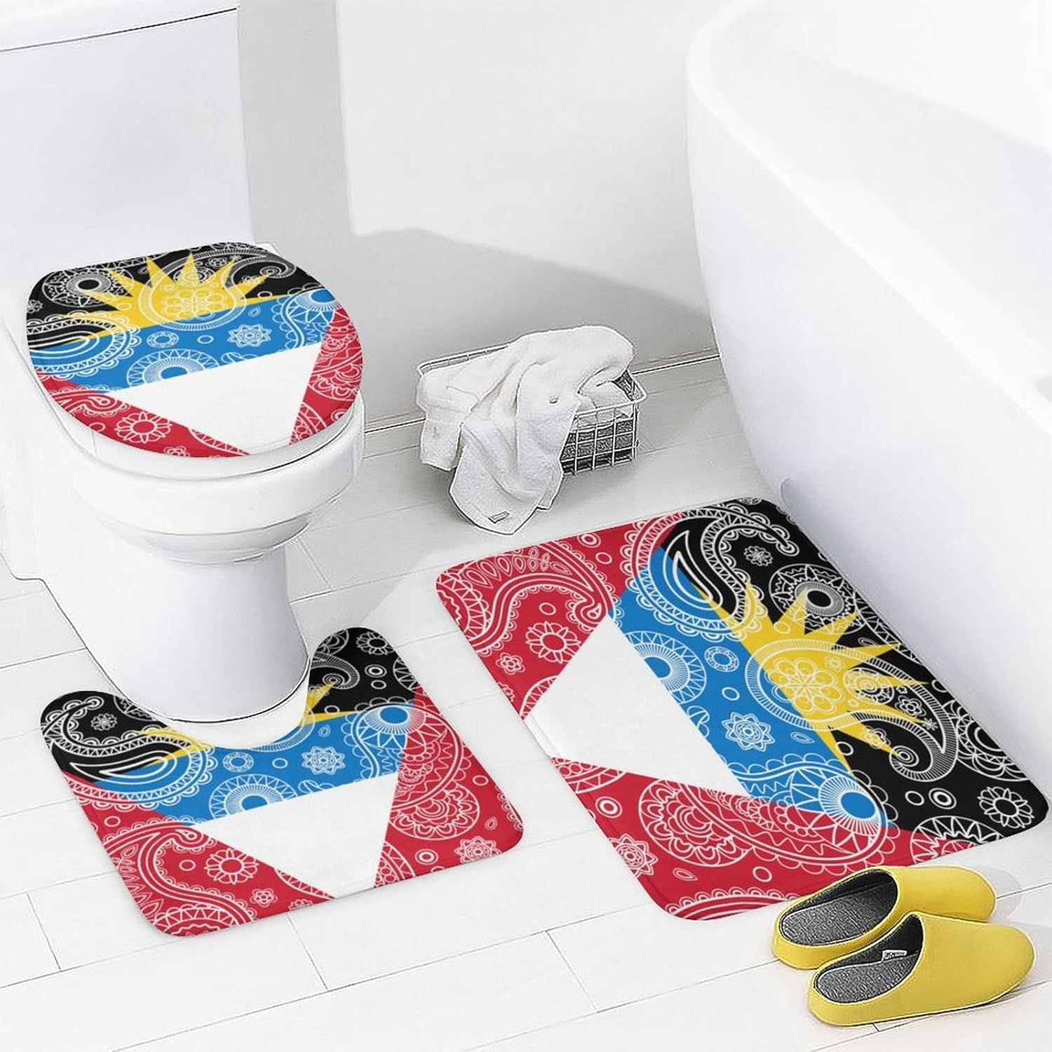 Juego de 4 cortinas de ducha con diseño de bandera de cachemira de Antigua y Barbuda, con alfombra antideslizante, cubierta suave para tapa de
