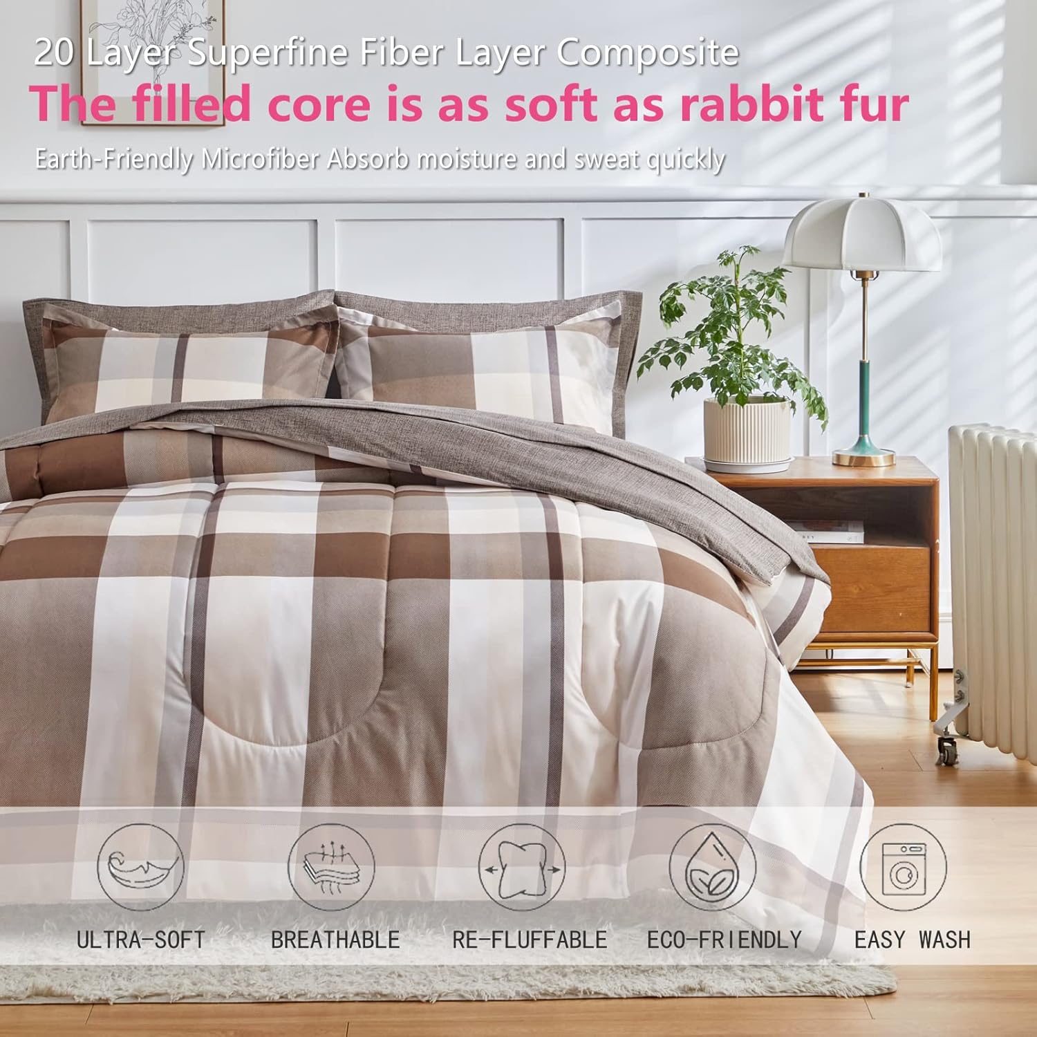 AIKASY Bed in a Bag – Juego de edredón reversible de microfibra suave de 6 piezas, diseño a cuadros marrones, para todas las estaciones (1 edredón,