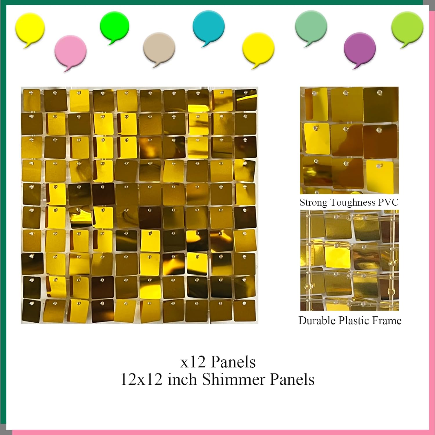 Telón de fondo de pared brillante de 12 paneles cuadrados de lentejuelas doradas claras con purpurina para decoración de cumpleaños, aniversario,