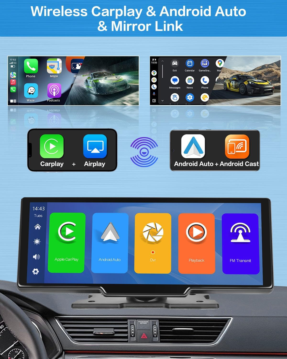 Hikity Carplay Android Auto estéreo portátil inalámbrico para automóvil, pantalla de juego de coche HD de 10.26 pulgadas con cámara de tablero de