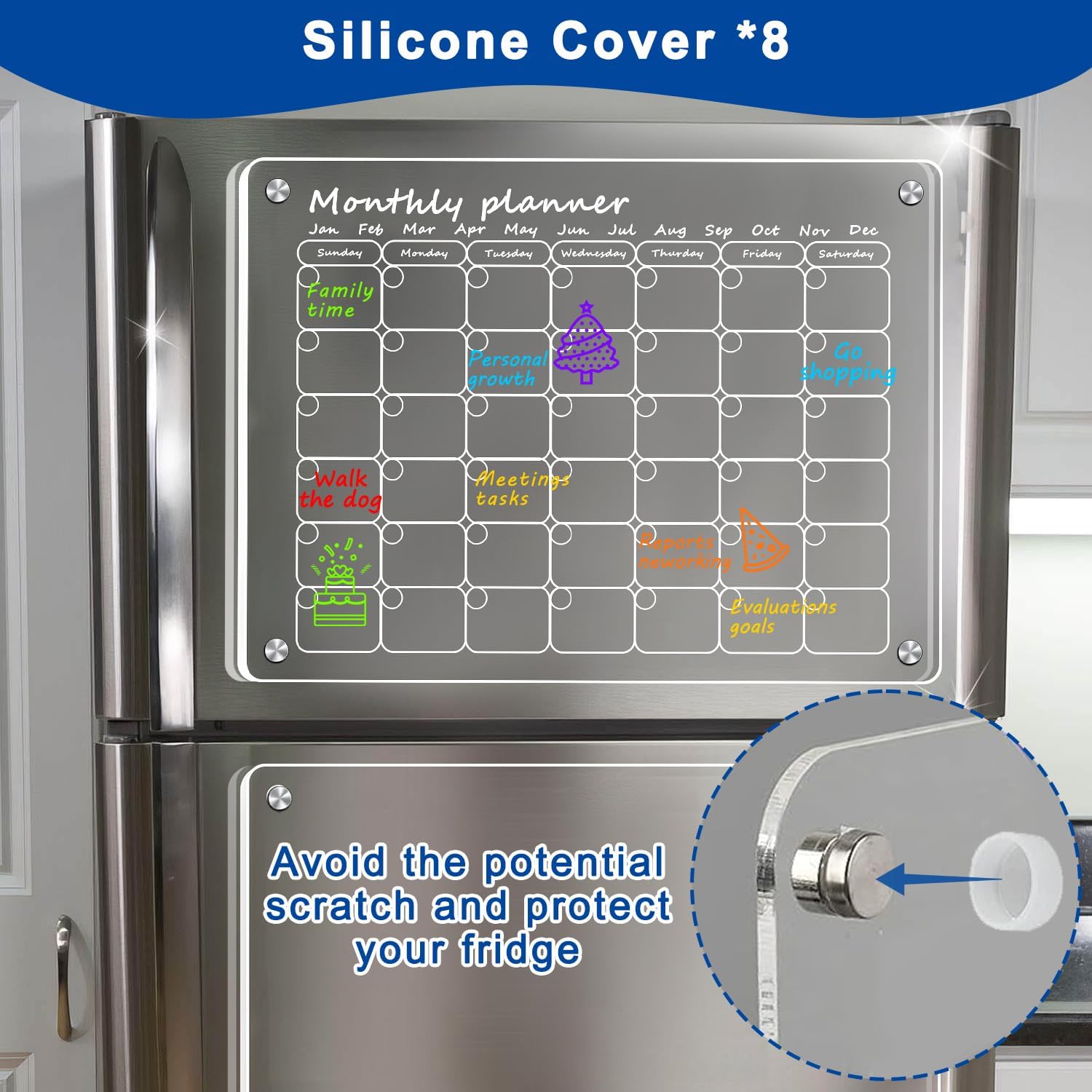 Calendario acrílico magnético para refrigerador, paquete de 2 calendarios transparentes de 12 x 16 pulgadas, juego de tablas de planificación