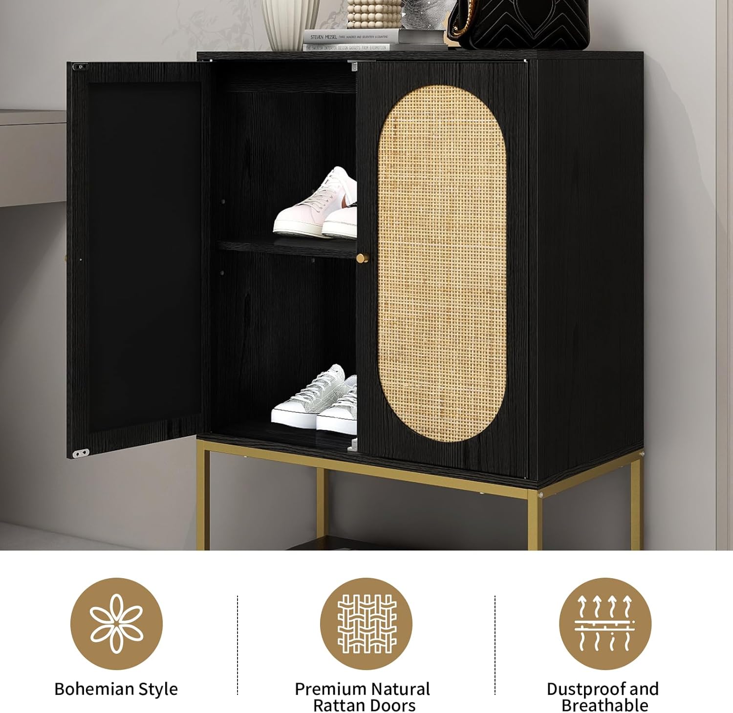 mixtavie Armario alto de ratán natural de 2 puertas, aparador de buffet con 1 estantes ajustables, armario de madera independiente para sala de