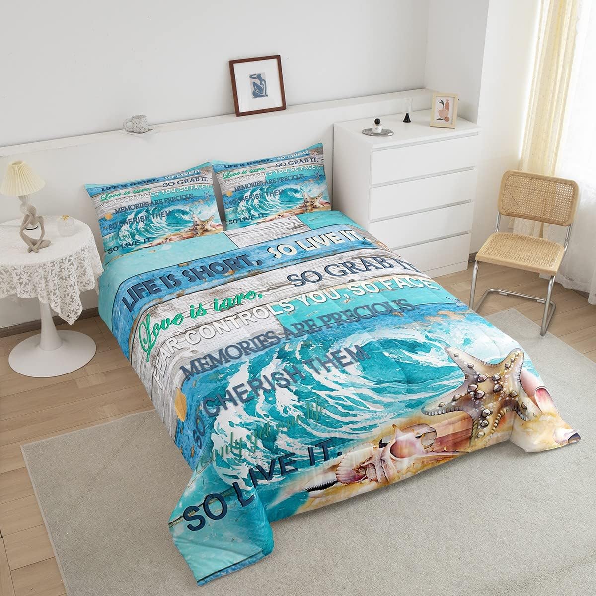 Castle Fairy Juego de edredón de tamaño matrimonial, diseño de concha de estrella de mar y citas inspiradoras, colección de dormitorio, juego de