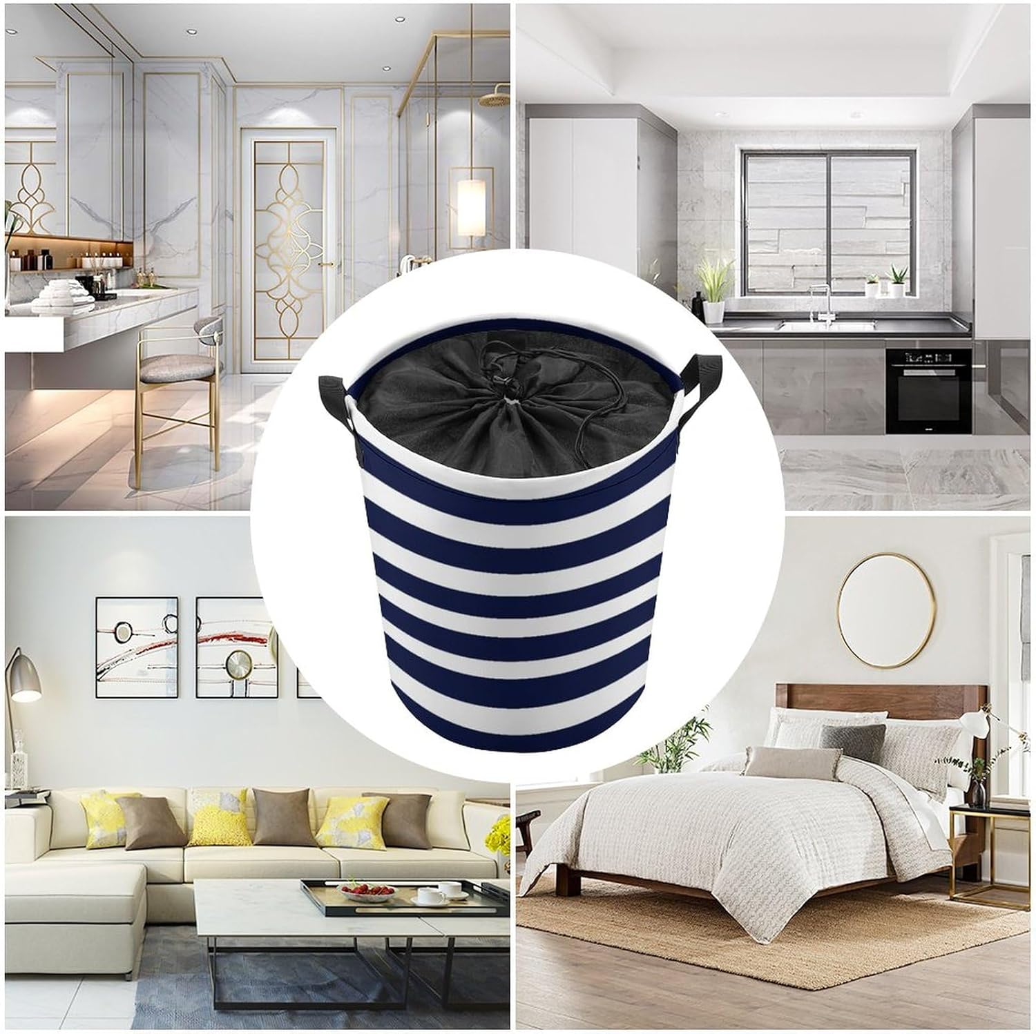 Cesta grande para ropa sucia, diseño de rayas clásicas, color azul marino y blanco, plegable, para baño, dormitorio universitario, almacenamiento