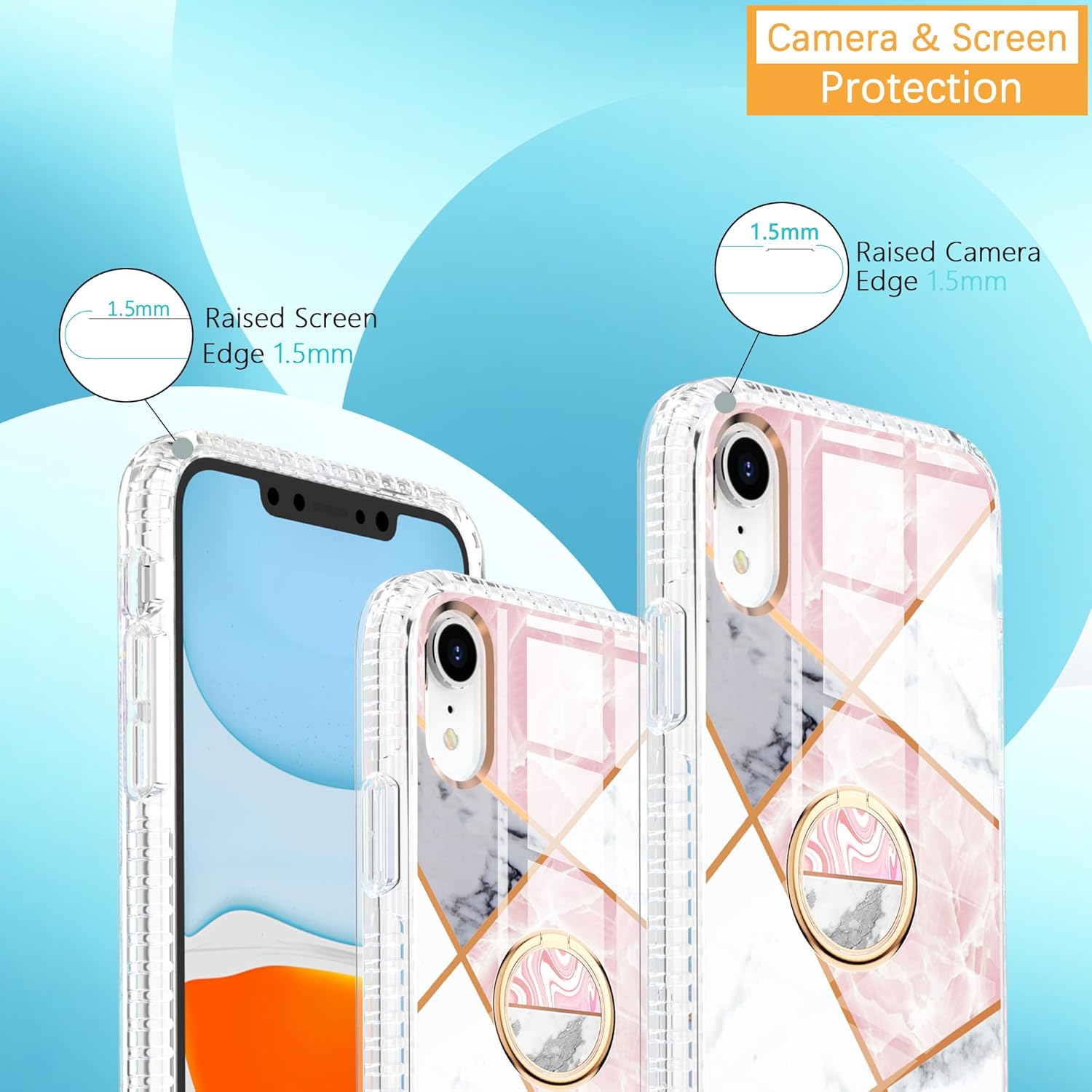Asuwish Funda de teléfono para iPhone XR 6.1 con protector de pantalla y soporte de anillo de mármol, a prueba de golpes, TPU silicona, resistente