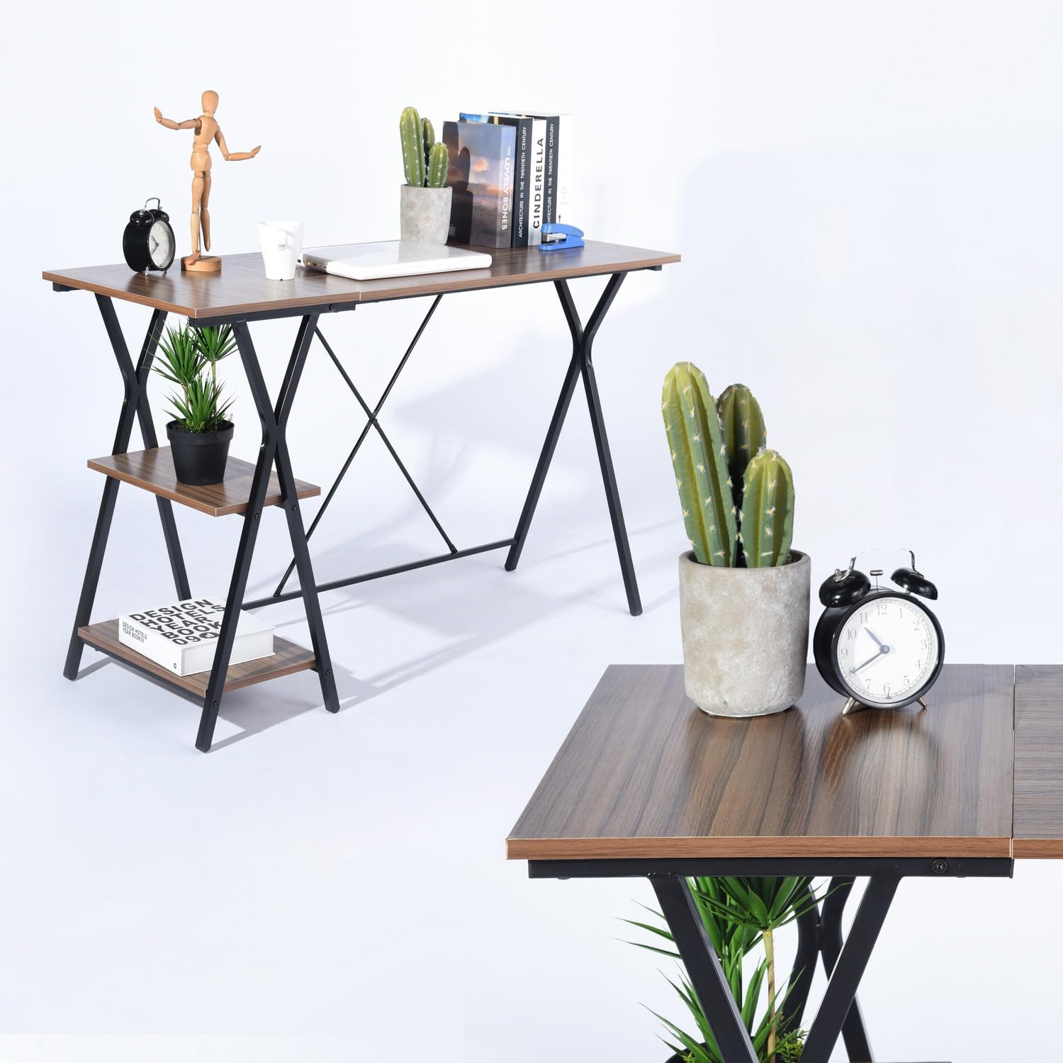 wOod-it Escritorio de escritorio de oficina en casa de 47 pulgadas con estante de 2 niveles, mesa de estación de trabajo que ahorra espacio,