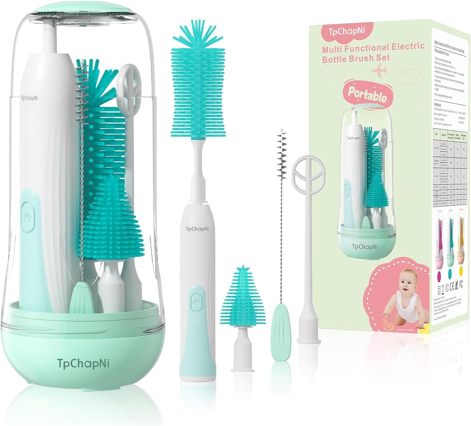 TpChapNi Juego de cepillos eléctricos para biberones de viaje, limpiador de cepillo eléctrico para botellas, Kit de limpiador de botellas de bebé 6