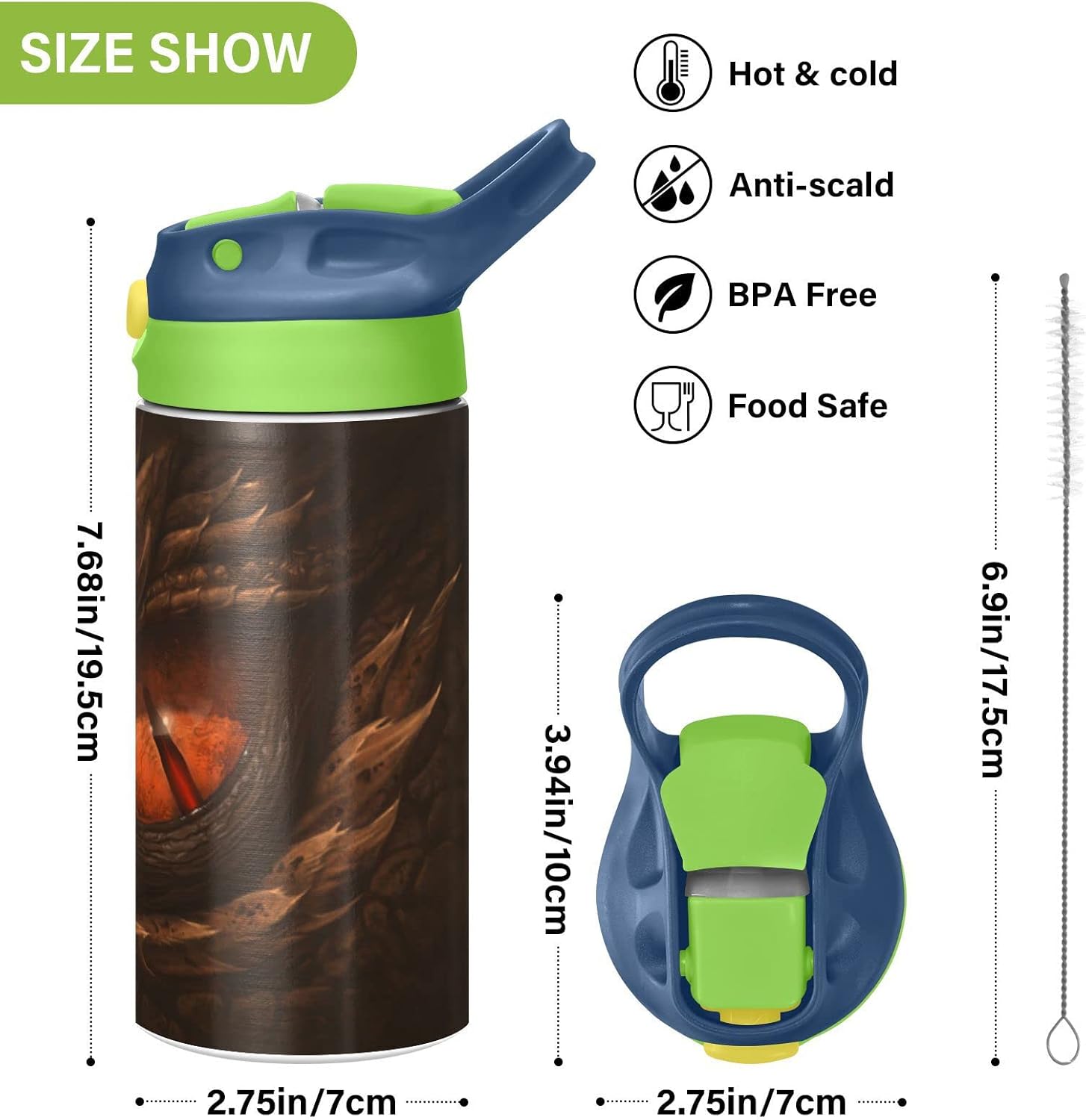 Botella de agua aislada para niños de 12 onzas con tapa con pajilla, vaso de viaje al vacío de doble pared de acero inoxidable, reutilizable, ojo de