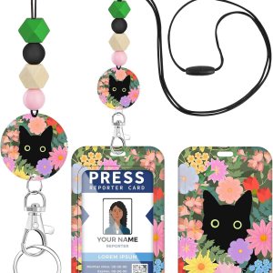 Plifal Cordón para profesor para tarjeta de identificación, linda flor de gato negro con cuentas para mujer, cordón de cuello para identificación Plifal Cordón para profesor para tarjeta de identificación, linda flor de gato negro con cuentas para mujer, cordón de cuello para identificación