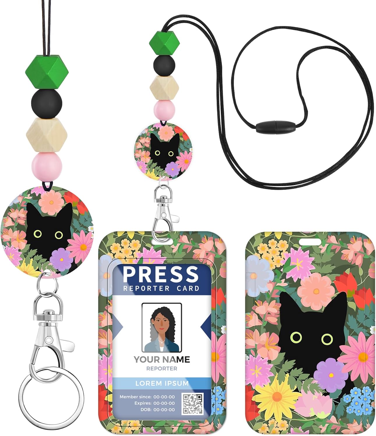 Plifal Cordón para profesor para tarjeta de identificación, linda flor de gato negro con cuentas para mujer, cordón de cuello para identificación