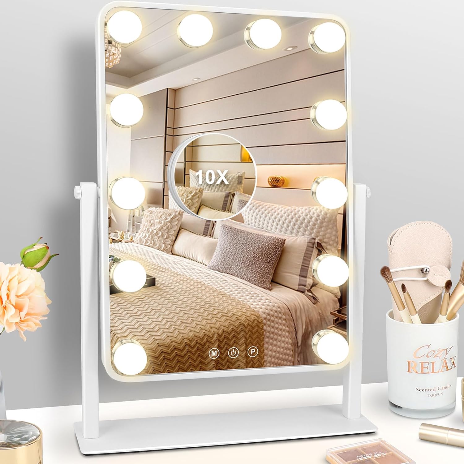 Hazifes Espejo de tocador grande de Hollywood con luces 12 LED, espejo de maquillaje de mesa con control táctil inteligente, 3 colores, bombillas