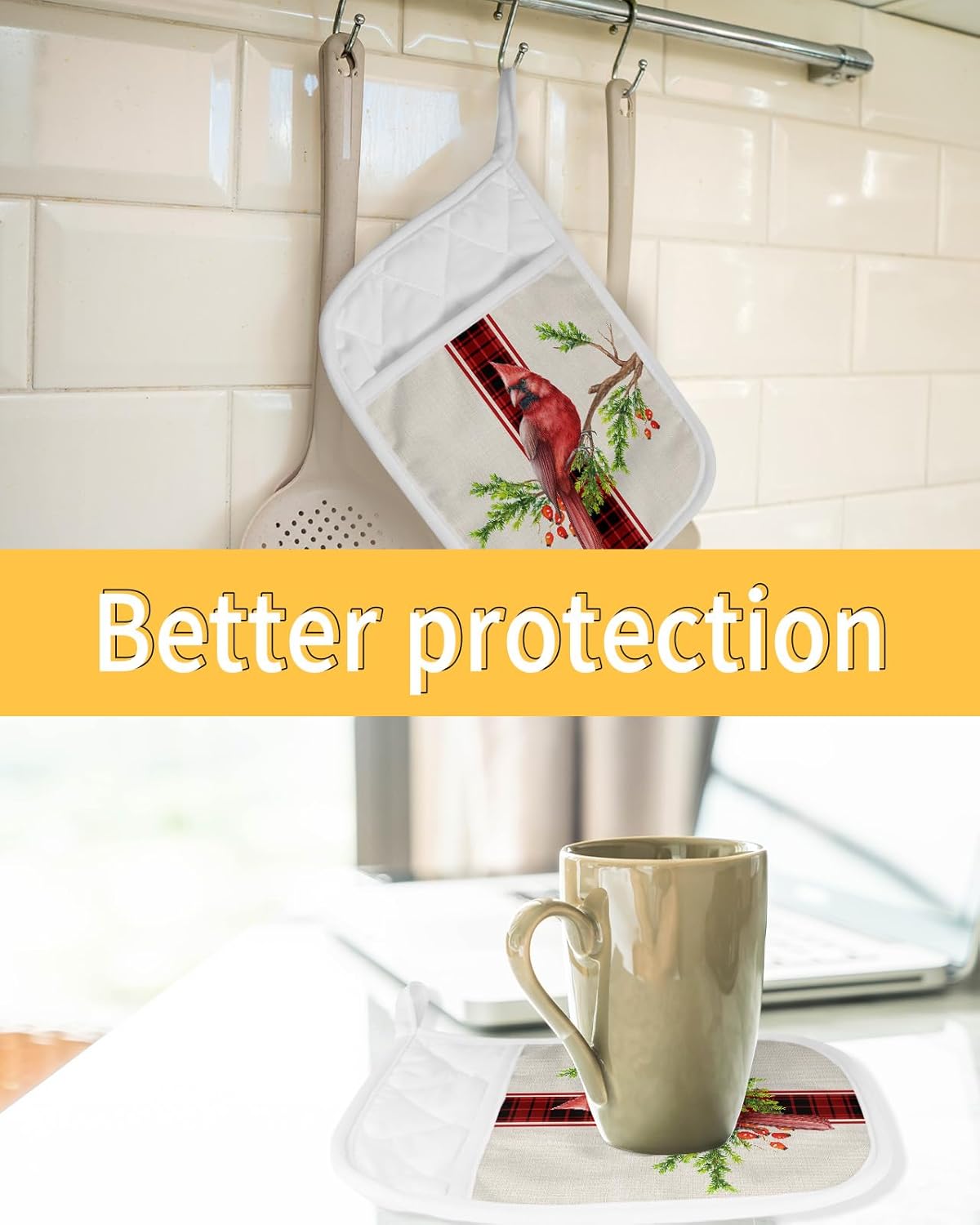Christmas Red Bird 2Pcs Pot Holders for Kitchen, Non Slip & Heat Insulation Terry Cloth Potholder Set with Pocket, Thick Hot Pad Oven Mitts Trivet