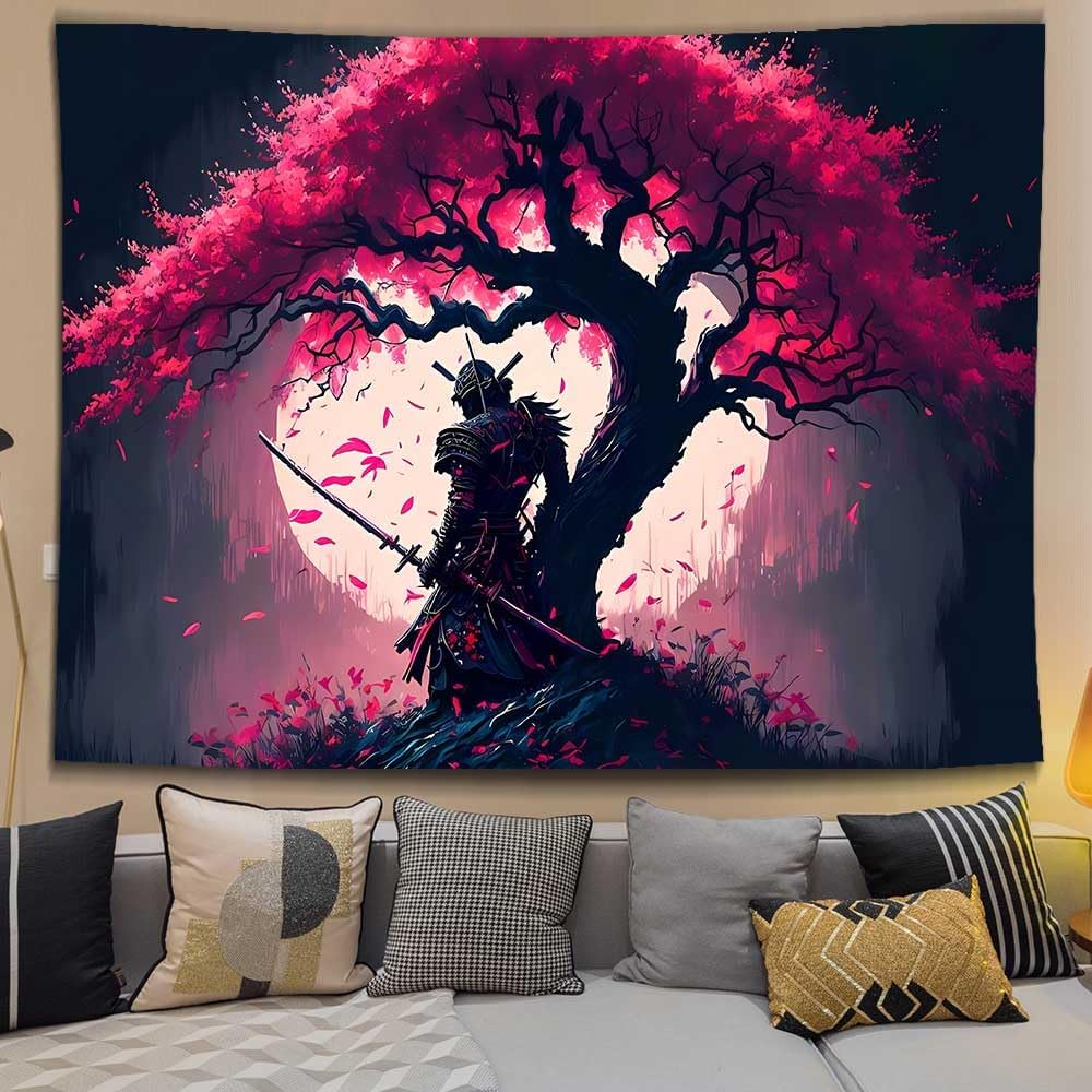 Ine Ive Tapiz samurái japonés para dormitorio, estética de luna llena, cerezo, árbol, guerrero, asiático oriental, tapiz de pared, 80 x 60 pulgadas,