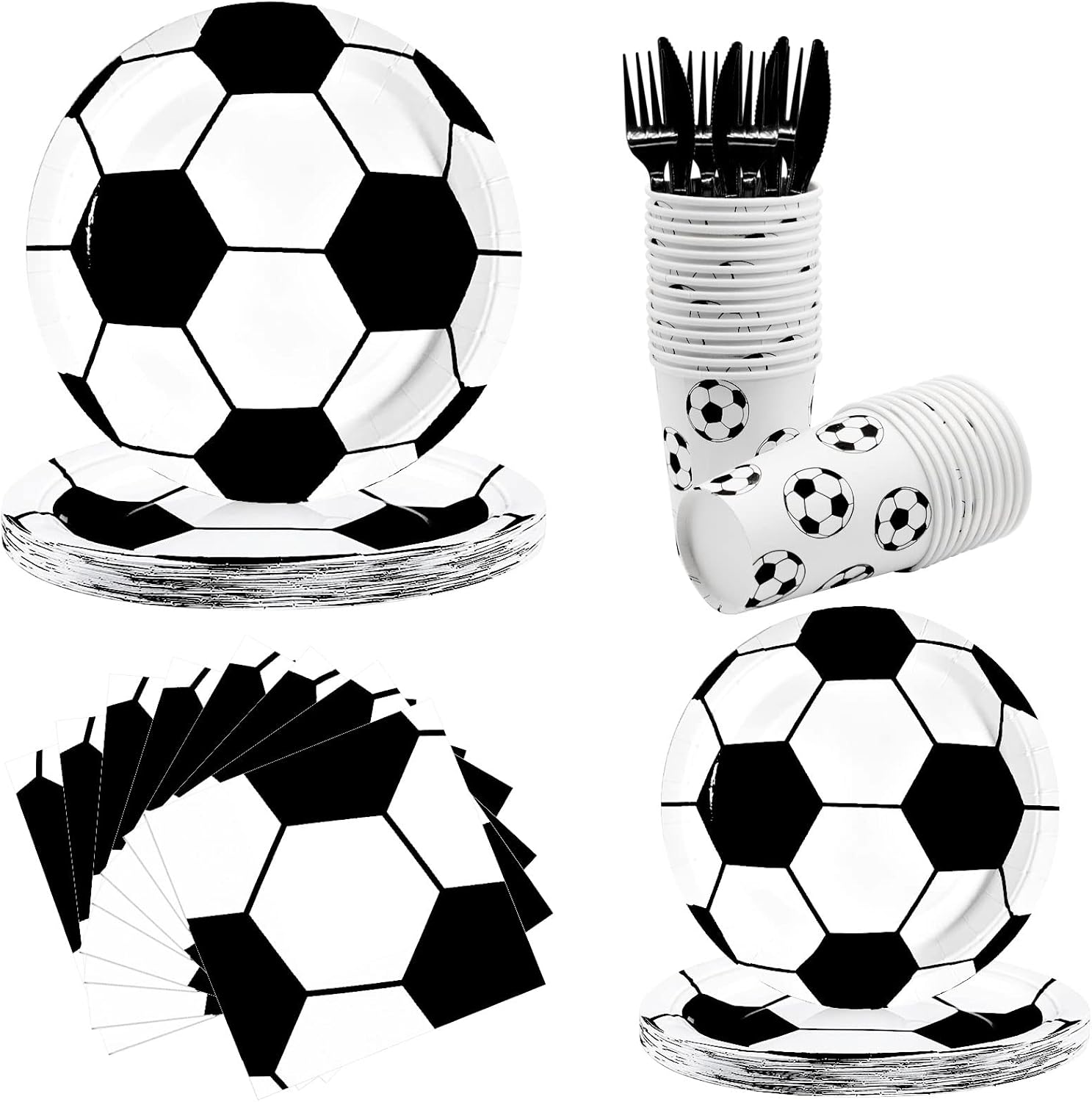 Suministros de fiesta de fútbol, 120 piezas de vajilla para fiesta de cumpleaños de fútbol, incluye platos de papel de fútbol, servilletas, tazas y