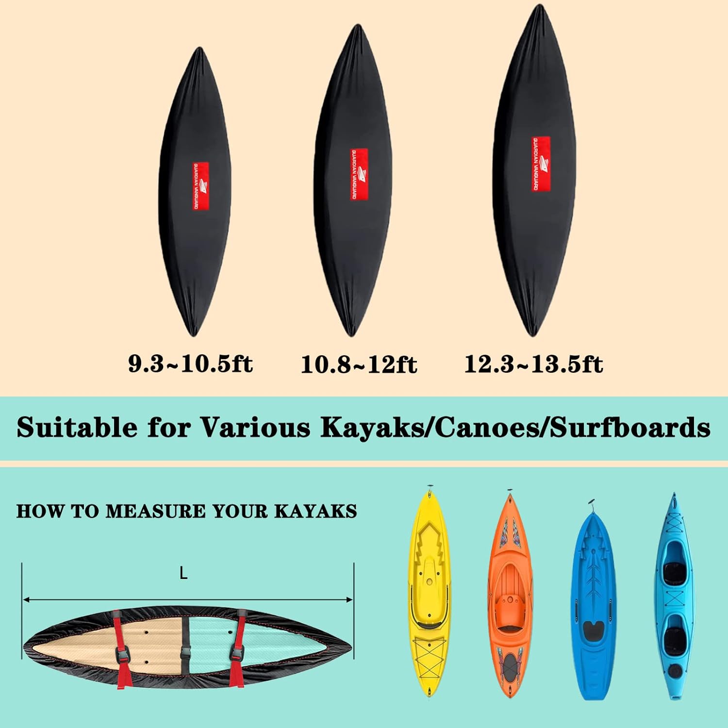 Guardian Vanguard Funda para kayak de 12 pies, 600D resistente 100% impermeable, cubierta contra el polvo, cubierta protectora contra el polvo,