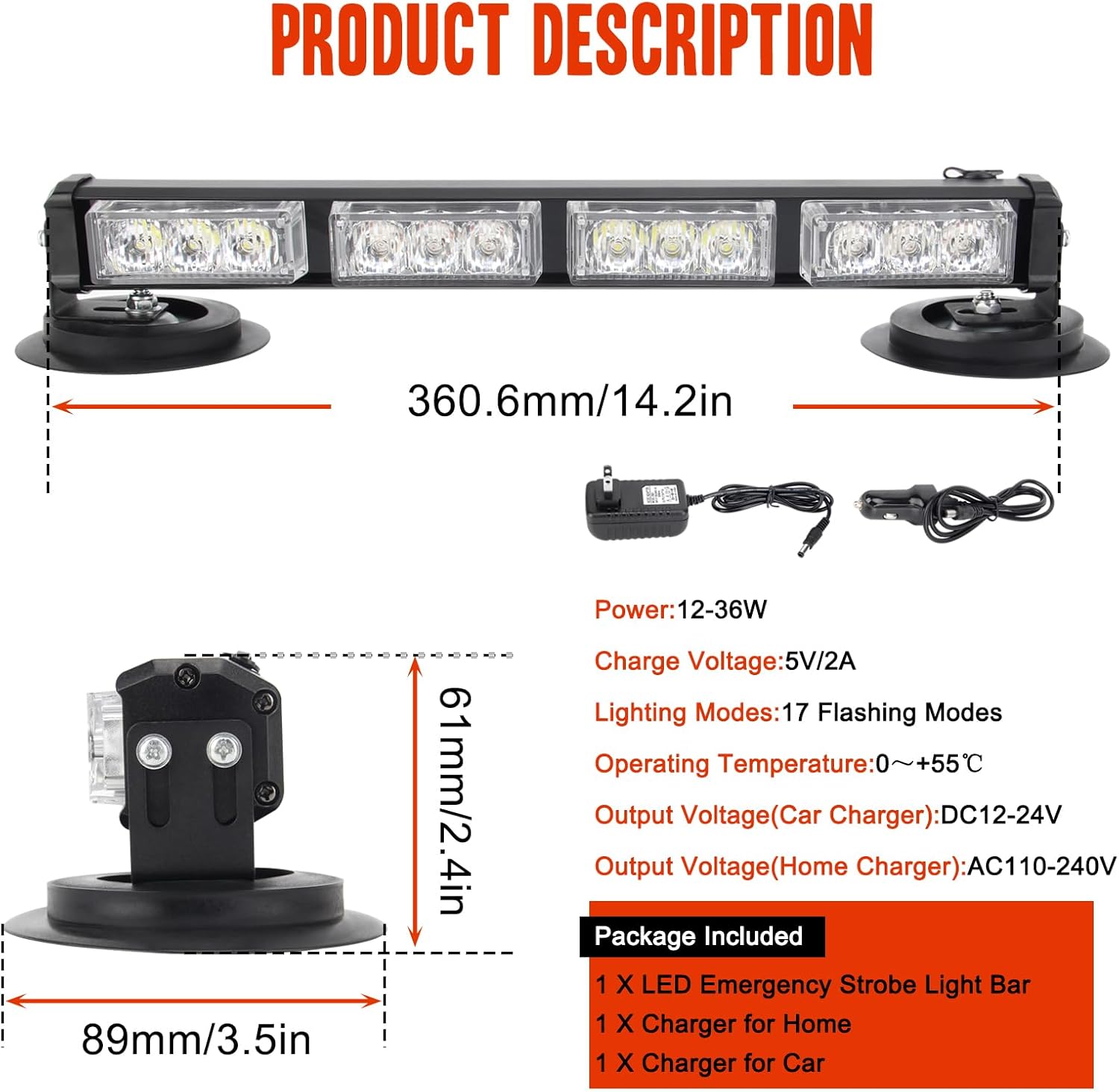 Barra de luz estroboscópica LED inalámbrica de 14.2 pulgadas, color blanco ámbar, luces LED de advertencia de peligro de emergencia con base