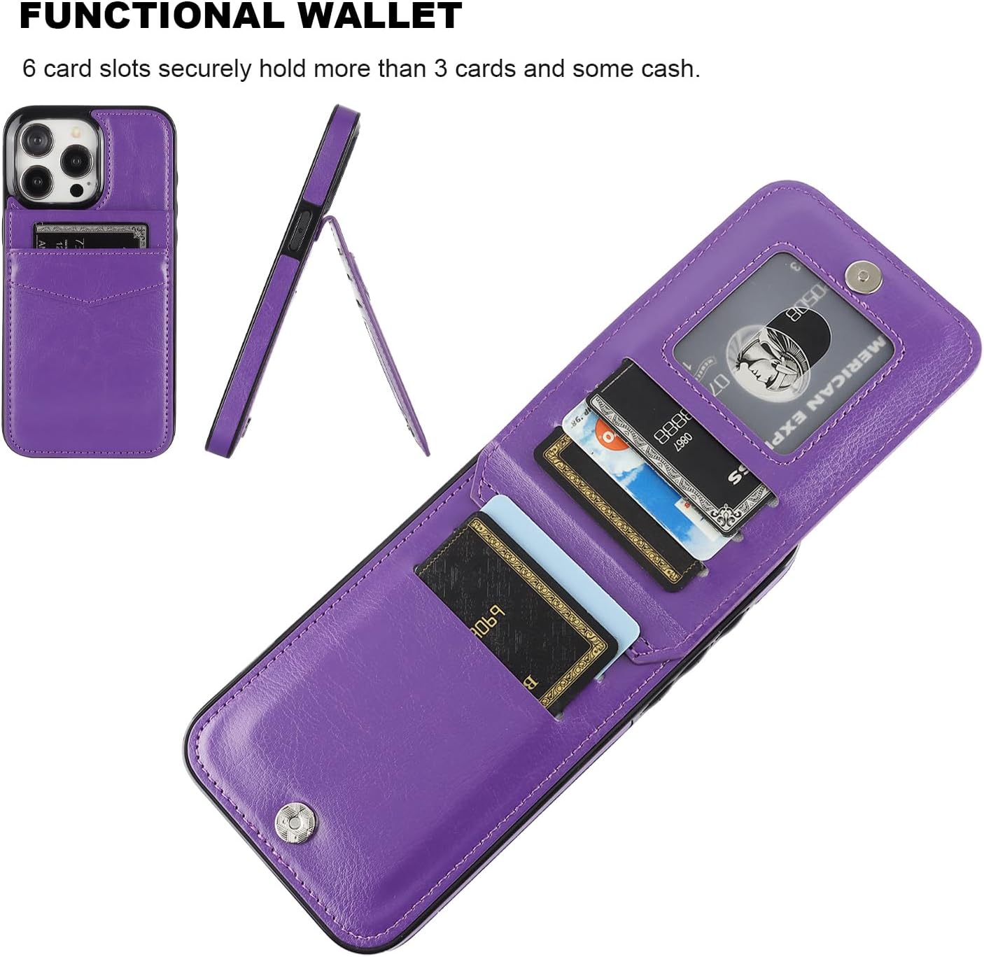 KIHUWEY Funda compatible con iPhone 15 Pro Max con soporte para tarjeta de crédito, cierre magnético de cuero de alta calidad, función atril, funda
