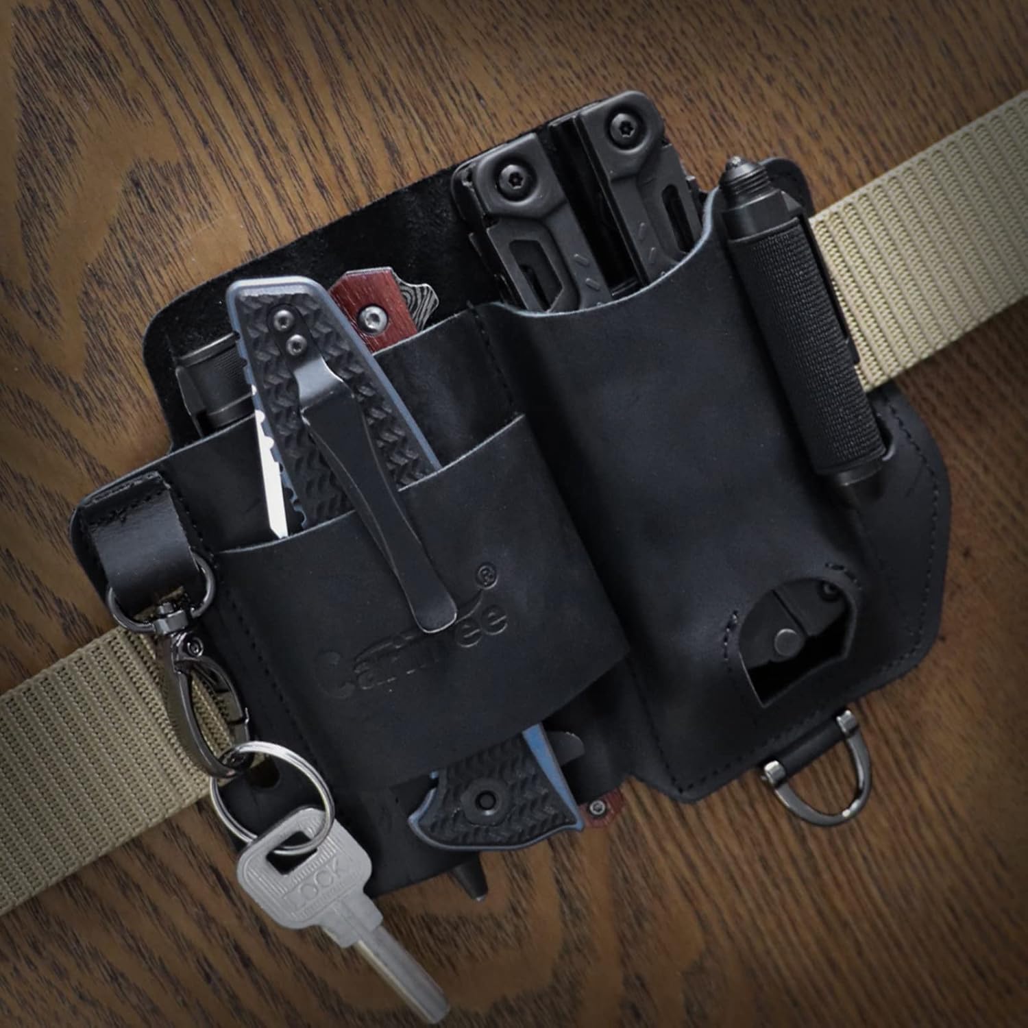 Funda de cuero multiherramienta, organizador de cinturón EDC negro con soporte para linterna, banda elástica, bolsa multiherramientas, clip para