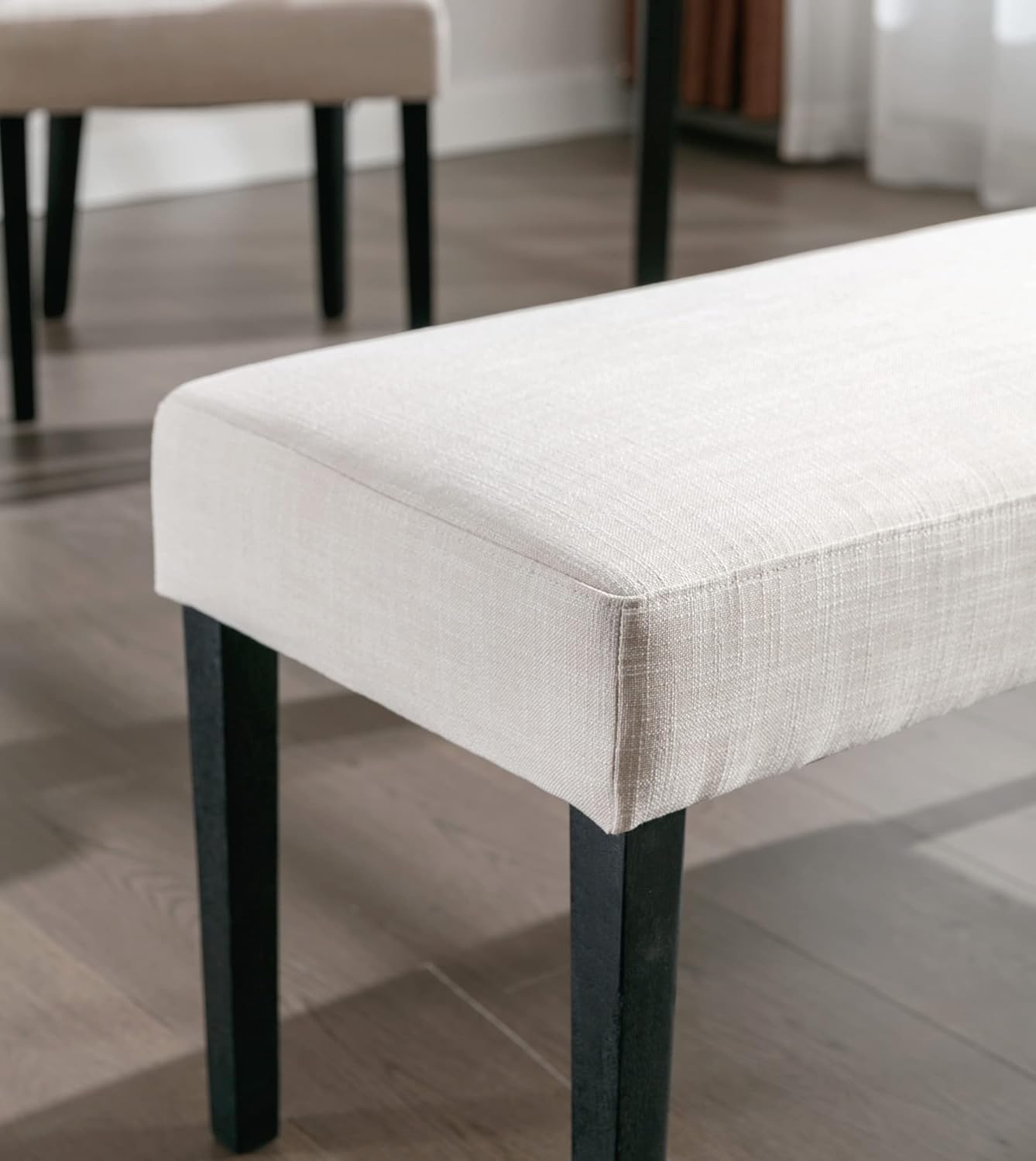 Wahson Juego de 2 bancos de comedor tapizados de lino de granja, asiento de comedor de 45 pulgadas de largo con patas de madera negra, beige