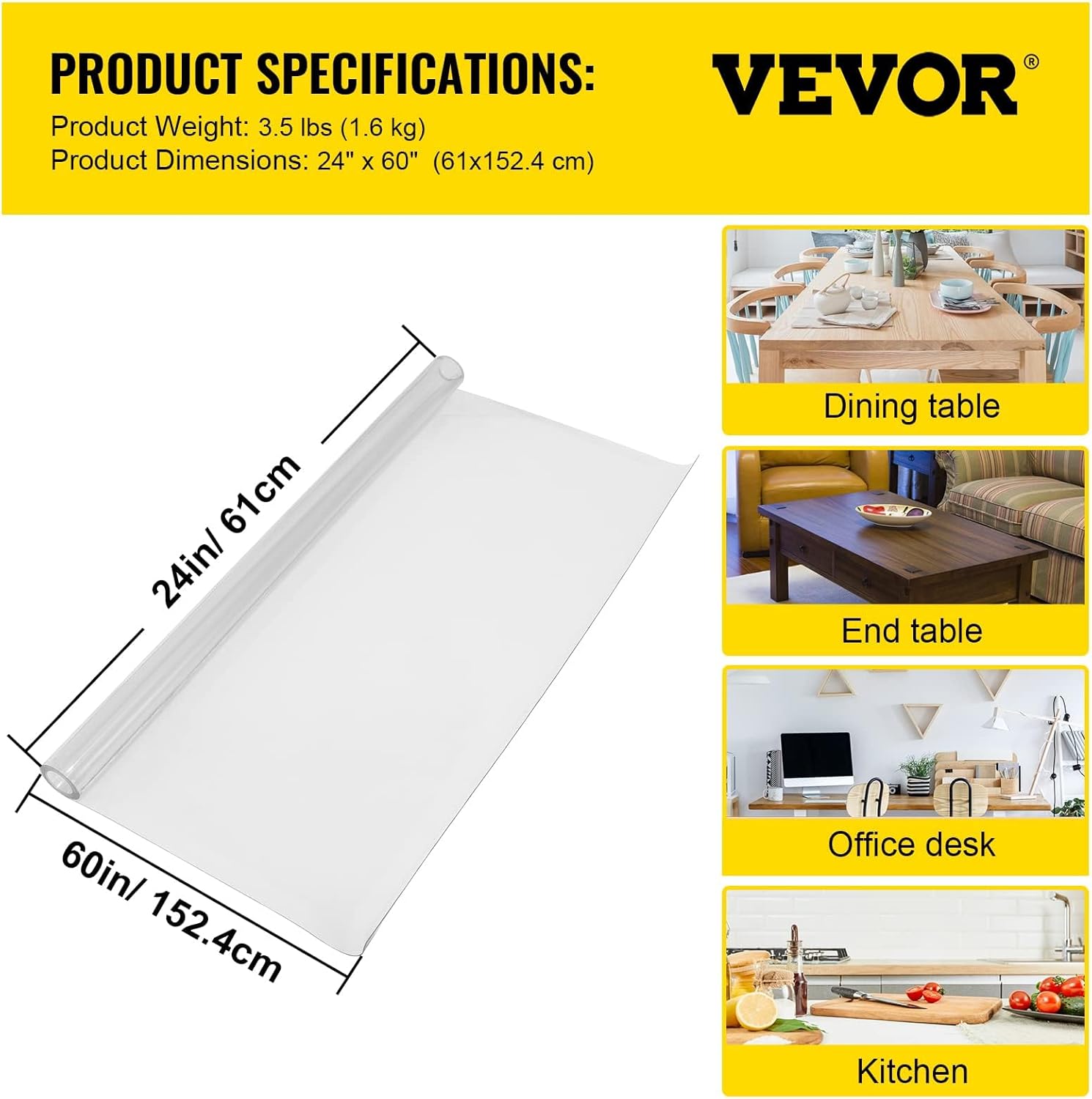 VEVOR Funda de plástico para mesa, 24 x 60 pulgadas, protector de mesa transparente de 0.059 in de grosor, alfombrilla rectangular transparente,