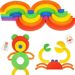 Bloques de construcción apilables de madera arcoíris 22 piezas de juguete creativo de arcoíris apilable, patrón de medio círculo, juego de Bloques de construcción apilables de madera arcoíris 22 piezas de juguete creativo de arcoíris apilable, patrón de medio círculo, juego de