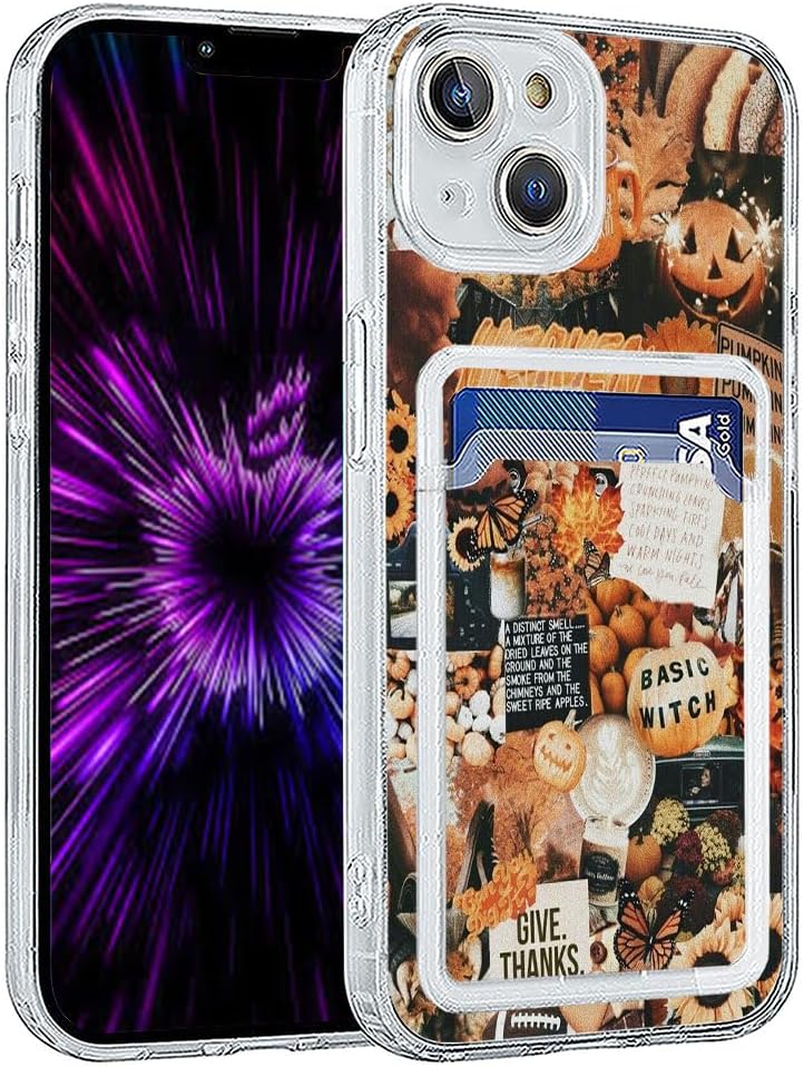 Funda estética para teléfono con tarjetero para iPhone 14, diseño retro estético de calabaza de otoño para niñas y mujeres, diseño de cartera que