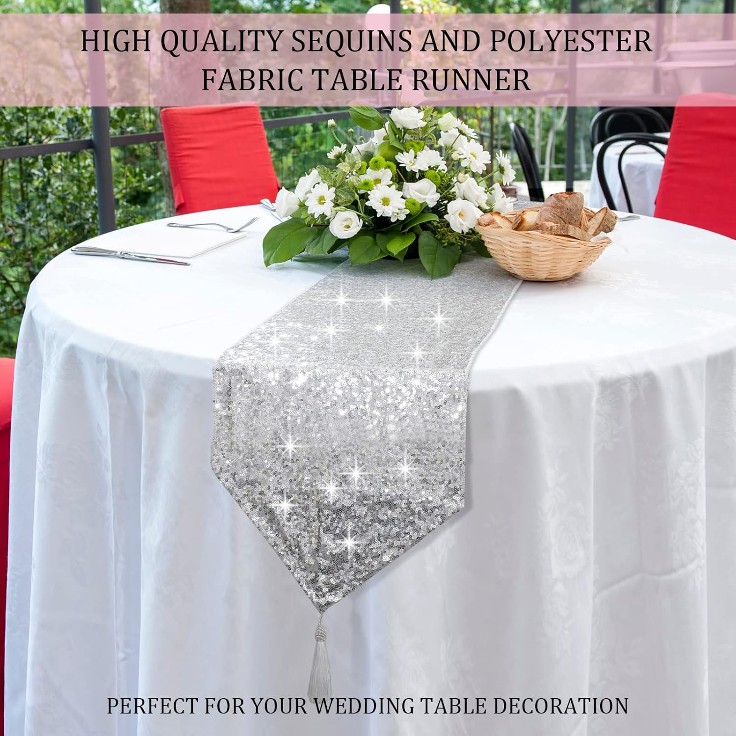 Tatuo Camino de mesa de lentejuelas con borlas para bodas, fiestas, mesa de 12 x 72 pulgadas, camino de mesa de lentejuelas con purpurina, elegante