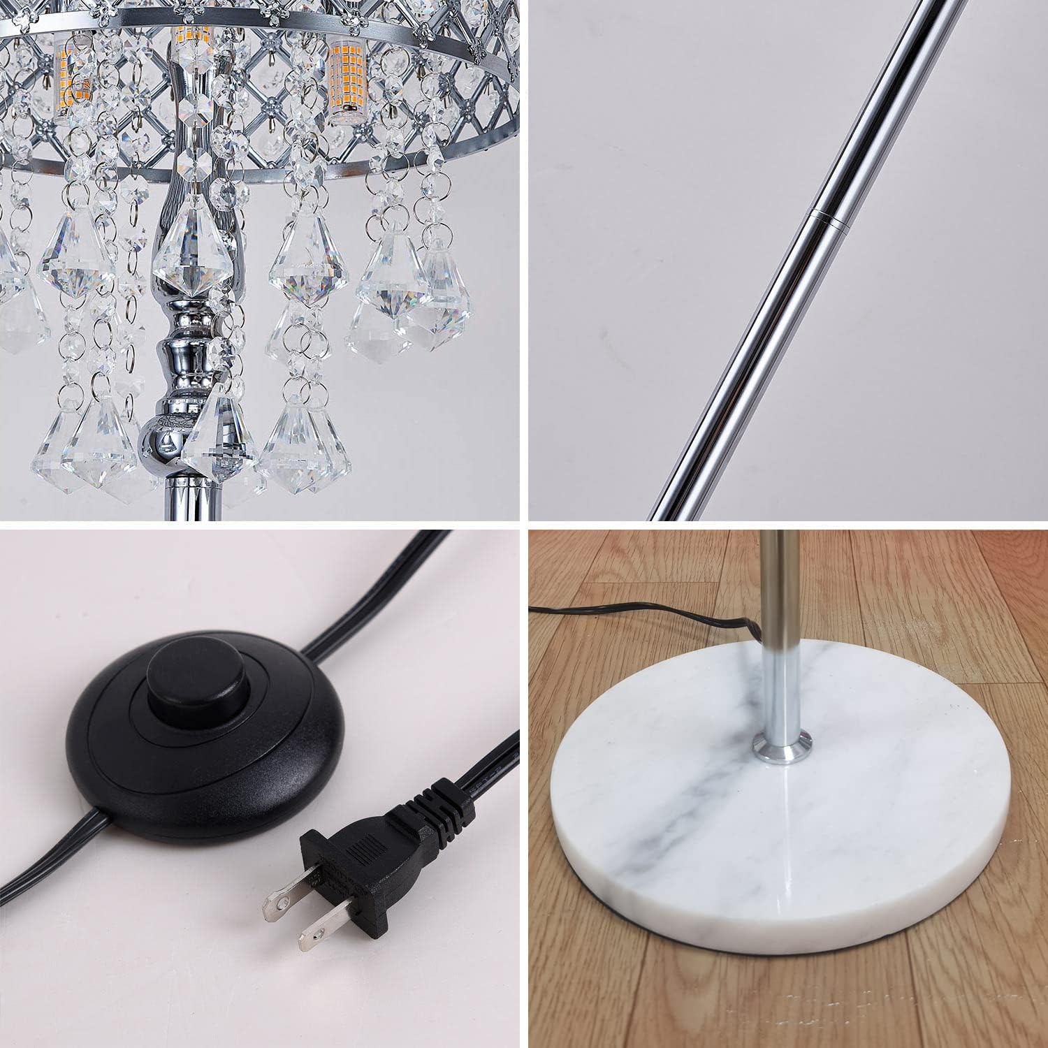 Hsyile KU300256 Mini lámpara de pie de cristal europeo para sala de estar, dormitorio, oficina, acabado cromado, 3 luces