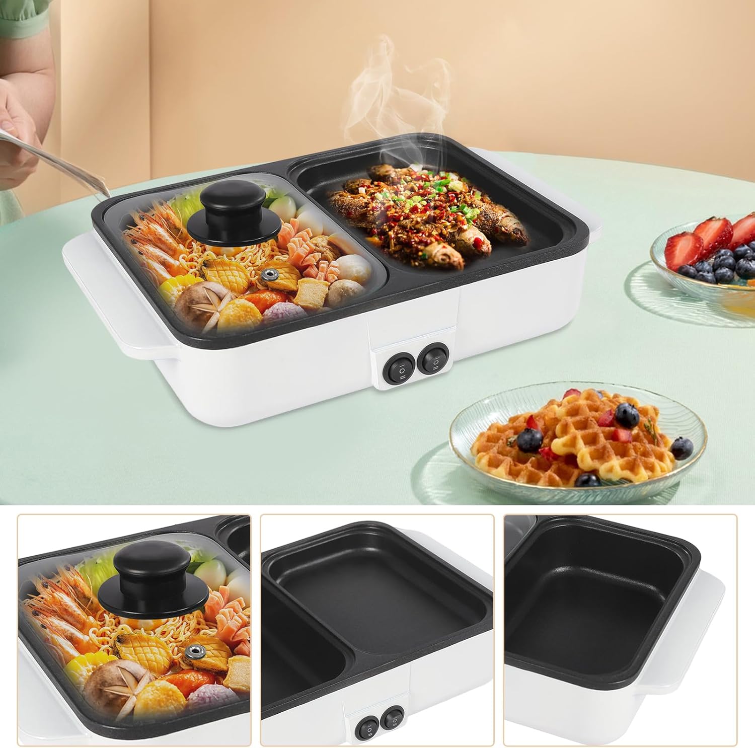 Olla caliente con parrilla, olla caliente eléctrica y sartén, olla Shabu Shabu con parrilla, olla y plancha antiadherente 2 en 1, control de