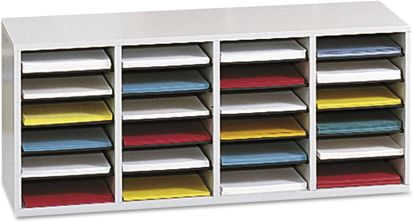 Safco Products – 9423GR – Organizador de literatura ajustable de madera, con 24 compartimentos, color gris, estructura duradera, estantes