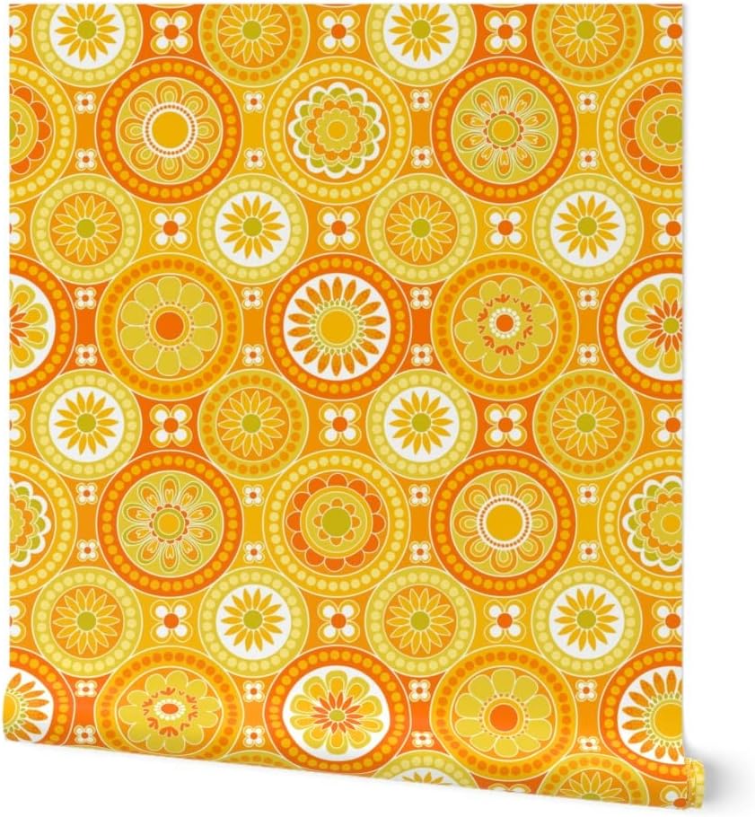 Spoonflower Peel & Stick Wallpaper 3ft x 2ft – Circle Tiles Yellow Flowers Retro Orange Geometric 70s 60s Vintage Custom Removable Wallpaper