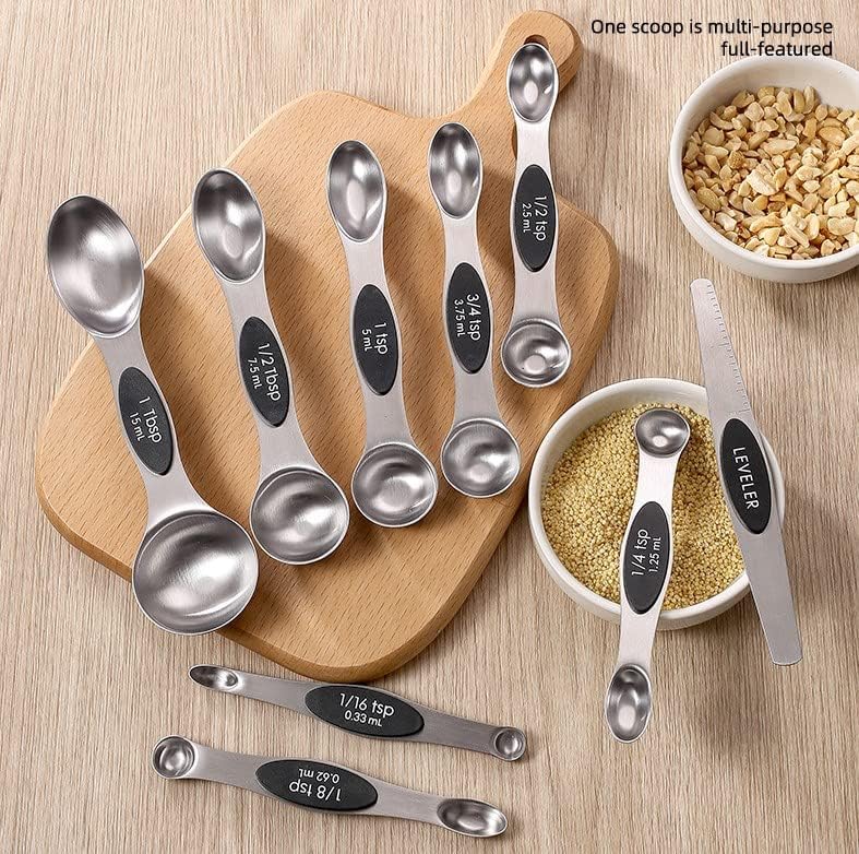 Juego de 9 cucharas medidoras magnéticas, cucharas de cocina de acero inoxidable con medida para medir ingredientes secos y líquidos
