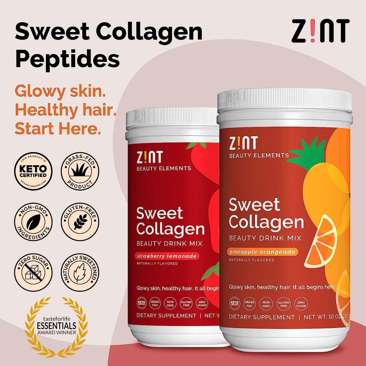 Zint Mezcla de bebida de belleza en polvo de colágeno dulce (piña orangeade) delicioso suplemento proteico de péptidos de colágeno hidrolizados,