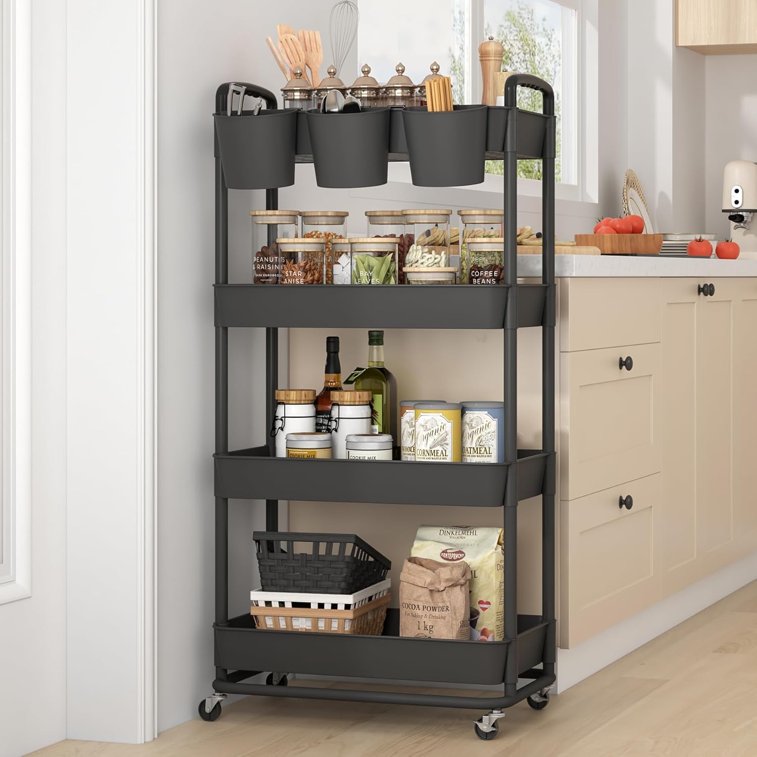 JIUYOTREE Carrito de almacenamiento de plástico de 4 niveles con asas de tazas colgantes adicionales, ruedas bloqueables para sala de estar, baño,