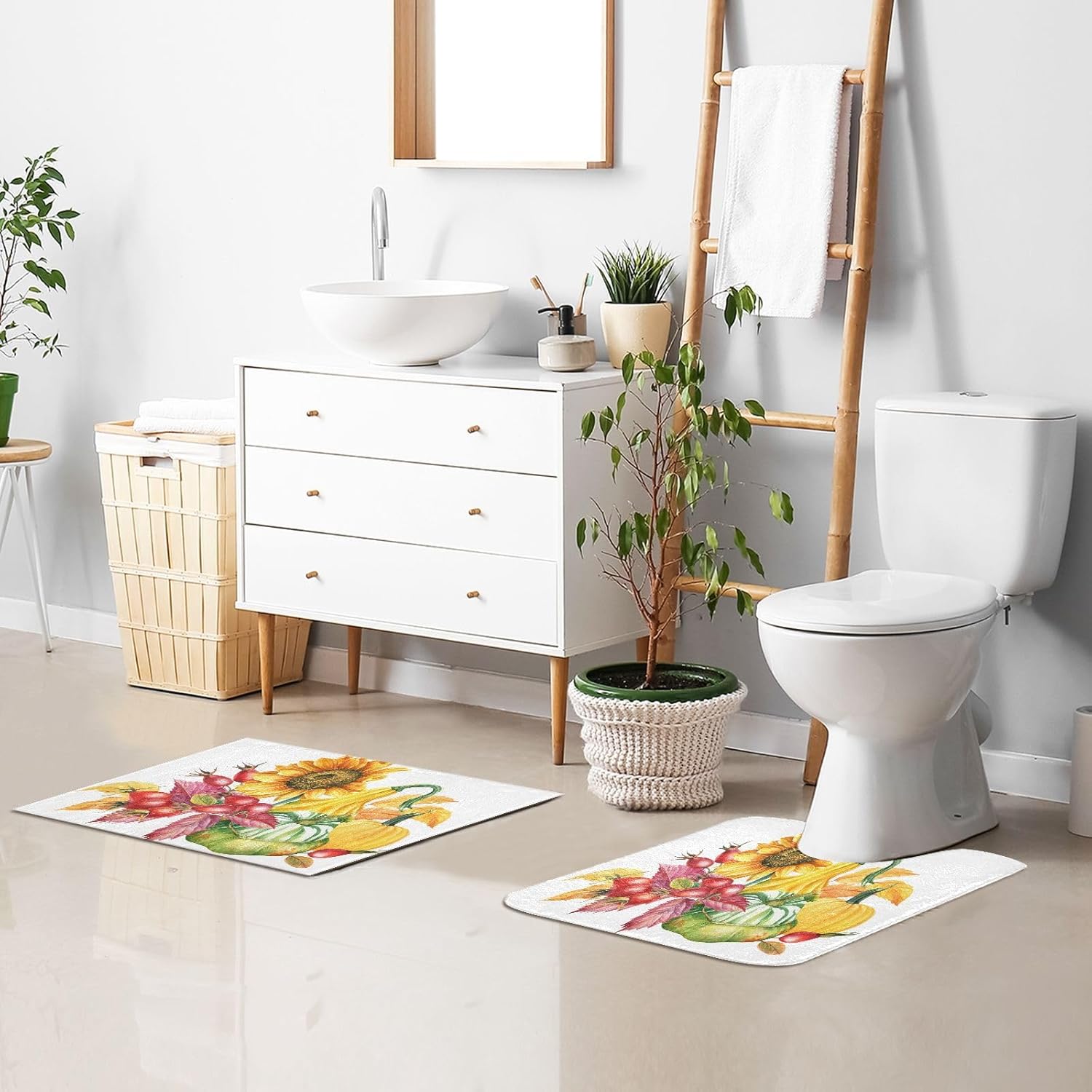 Bathroom Rugs Sets 2 Piece 24×16+24×20 Inch,Soft U-Shaped Contour Toilet Rug Pumpkin Sunflowers Non-Slip Absorbent Bath Floor Mat Carpet Set Water