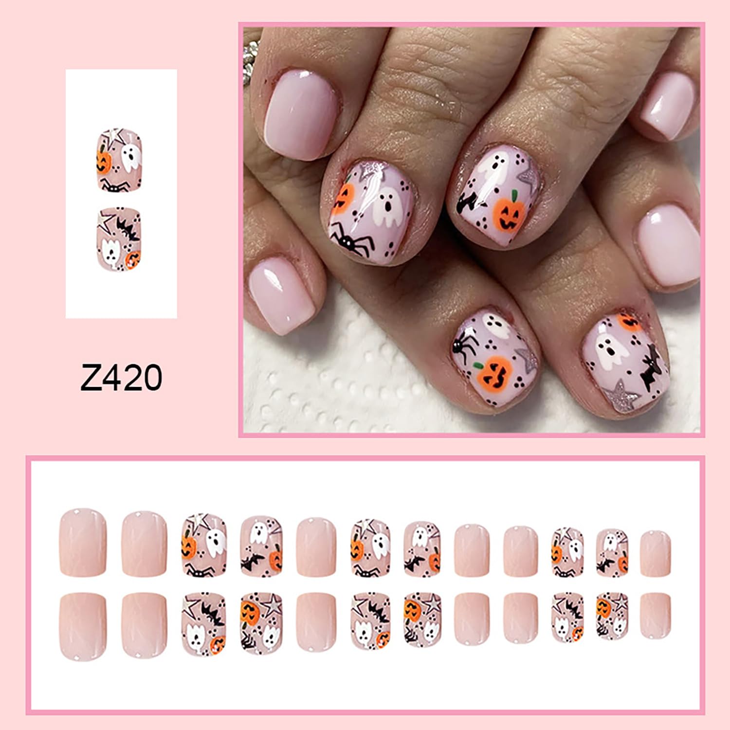 Uñas postizas de Halloween, uñas postizas cuadradas cortas a presión, uñas acrílicas rosas con diseños de fantasma, araña, murciélago, cubierta