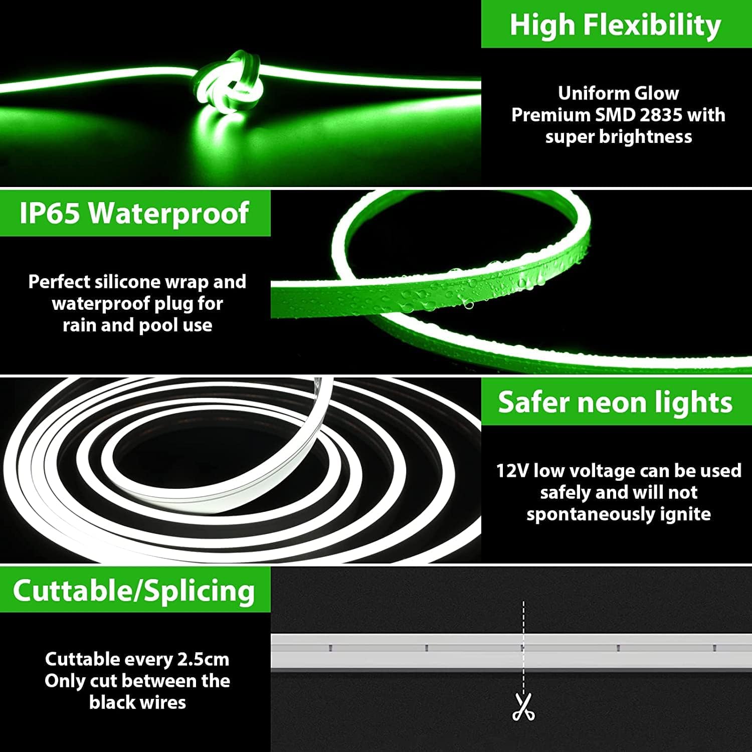 Tira de luces LED de neón verde de 12 V, flexible, impermeable, 16.4 pies, cuerda de luz de neón LED de 16.4 ft, cuerda de luz de silicona para