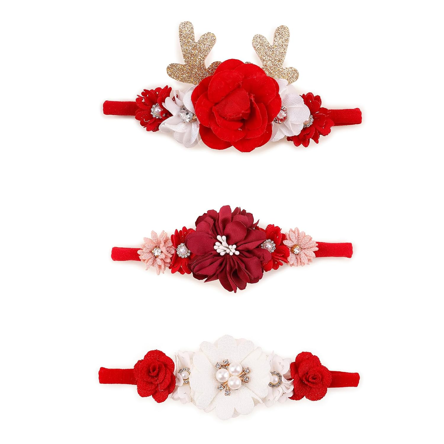 BFNAAgirl Diadema elástica de nailon con diseño floral de Navidad para bebé, 3 piezas, accesorios para el cabello, regalo para niñas (Navidad-01)