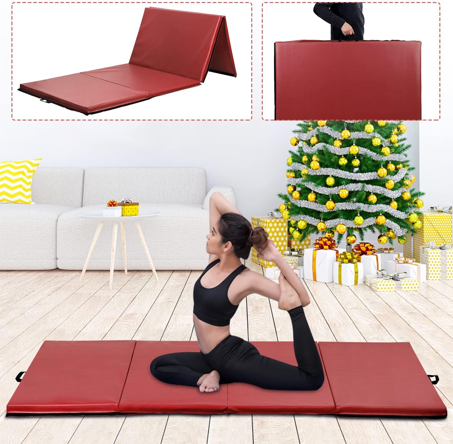 Tapete de gimnasia plegable de 4 x 8 x 2 pulgadas, extra grueso de alta densidad antidesgarro con asas de transporte, cierre de gancho y bucle,