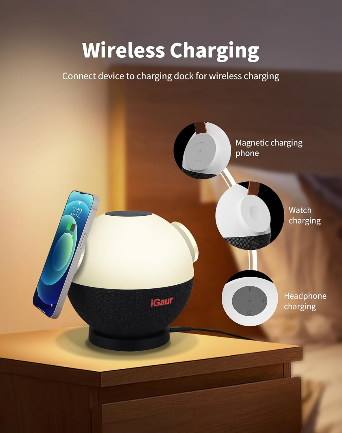Luz nocturna LED al lado de la lámpara lámpara de mesa de música con cargador inalámbrico – Lámpara táctil 5 en 1 magnética inalámbrica para