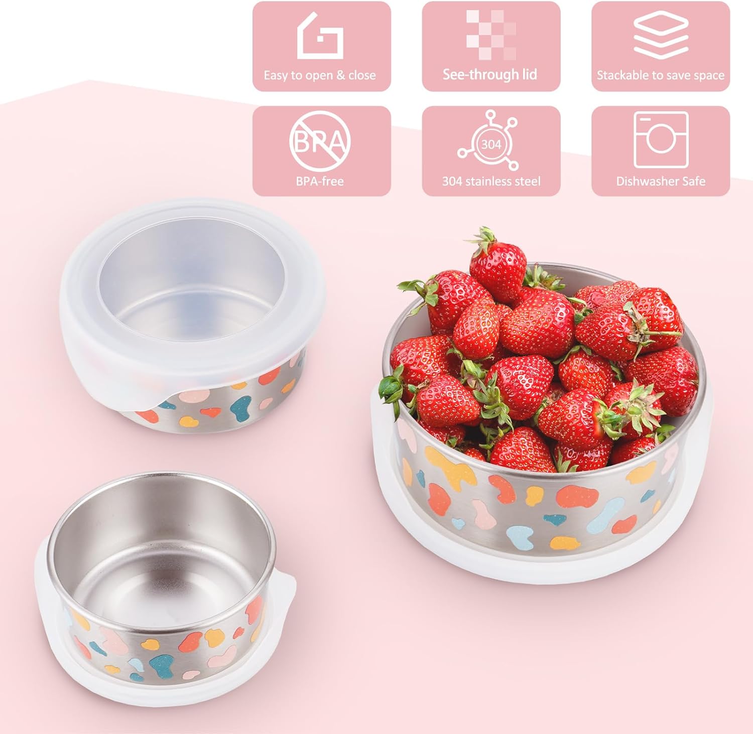 Paquete de 3 recipientes de acero inoxidable (18 oz10 oz5.5 onzas) para almacenamiento de aperitivos para adultos y niños con tapas de silicona,